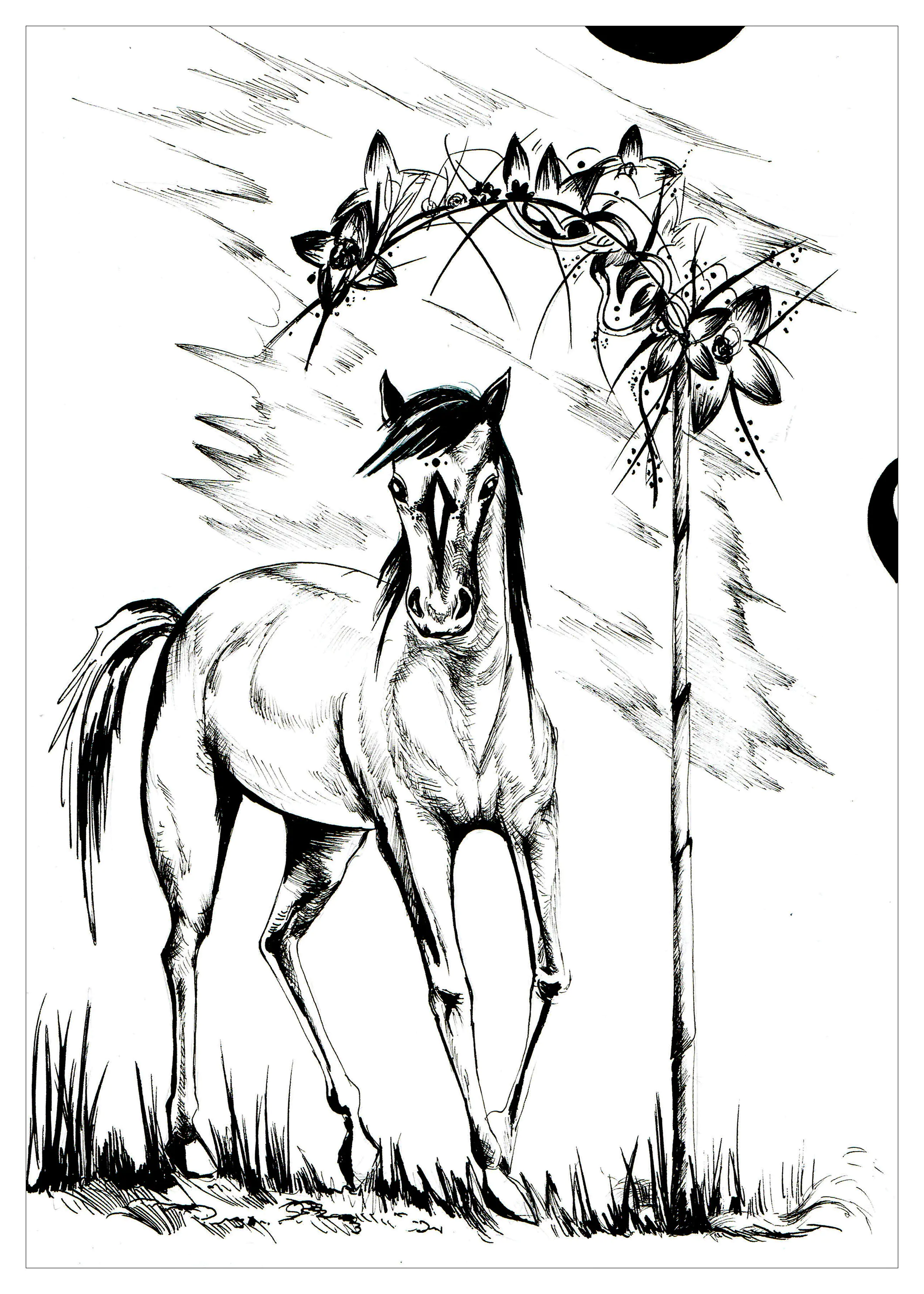 Le cheval (Coloriage de Jeu de Cartes des 8 animaux sacrés, par Urielle à imprimer pour adultes)