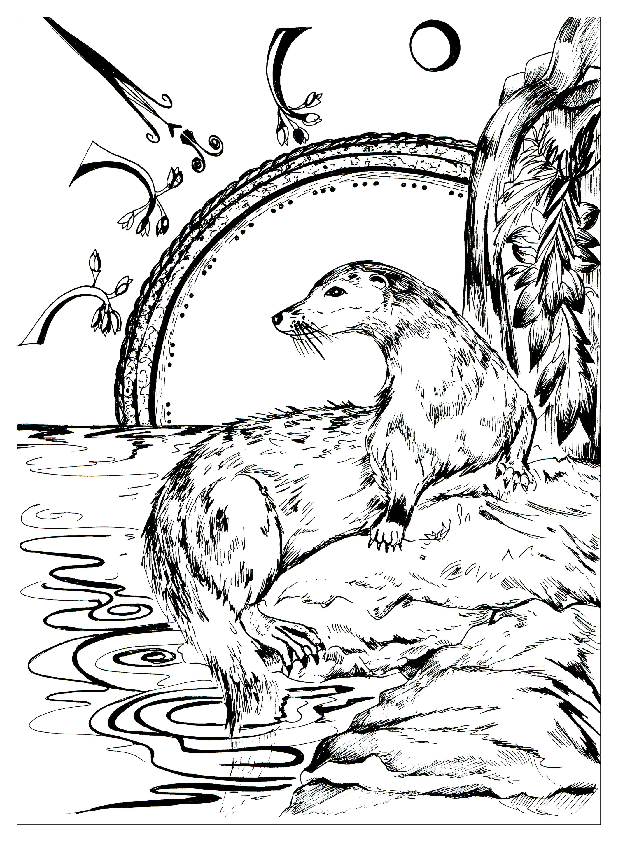 La loutre (Coloriage de Jeu de Cartes des 8 animaux sacrés, par Urielle à imprimer pour adultes)