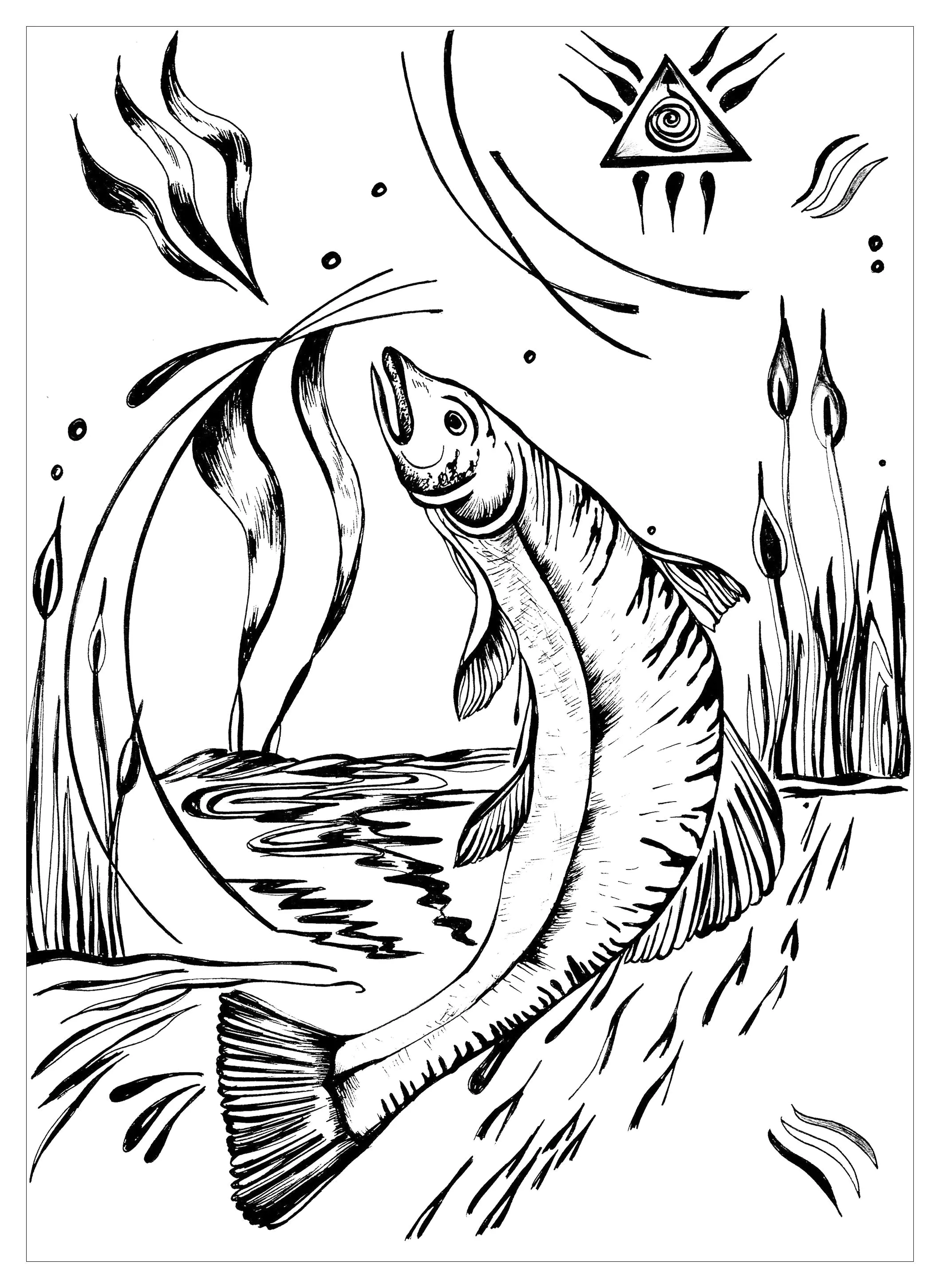 Le saumon (Coloriage de Jeu de Cartes des 8 animaux sacrés, par Urielle à imprimer pour adultes)