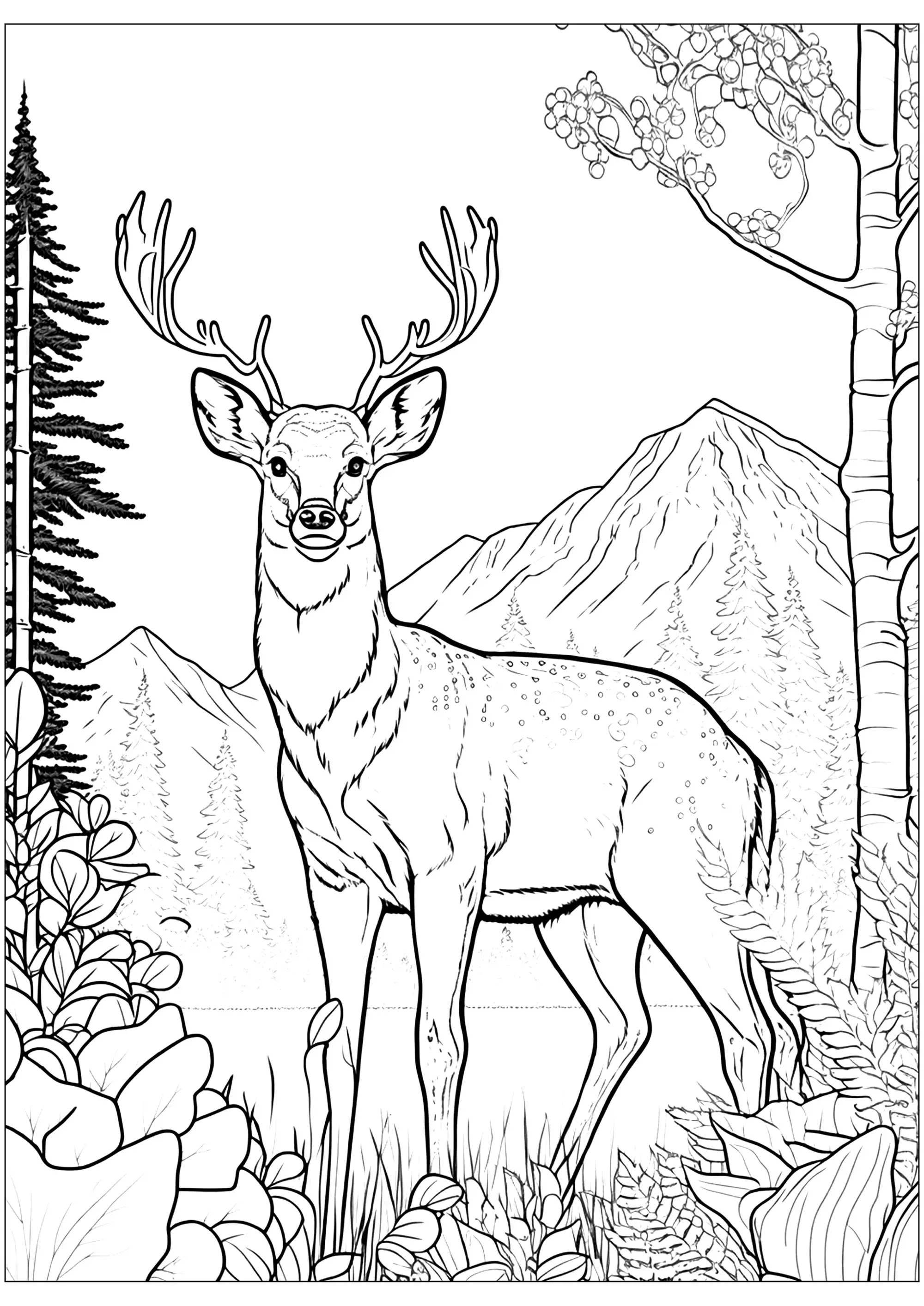 Cerf majestueux dans la forêt (Coloriage à imprimer pour adultes)