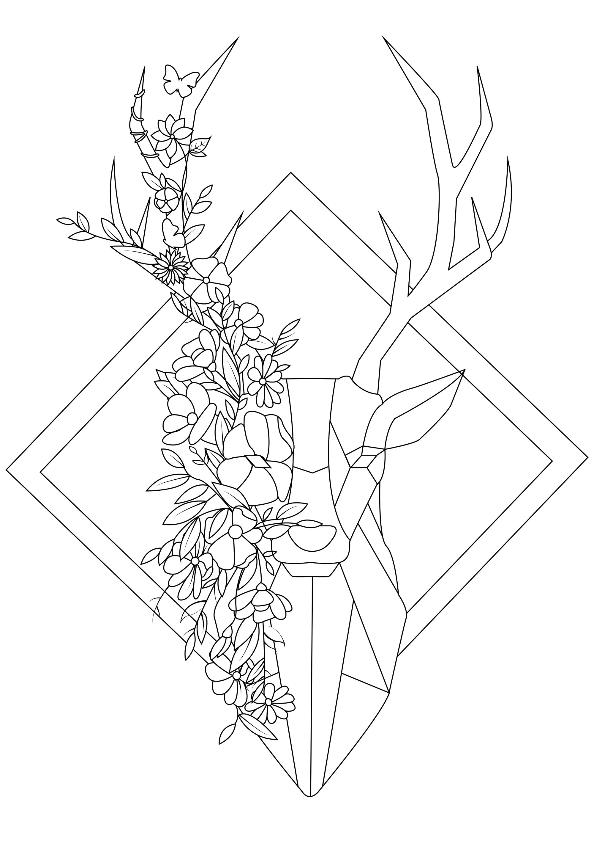 Tête de cerf fleurie (Coloriage d'Arwen à imprimer pour adultes)