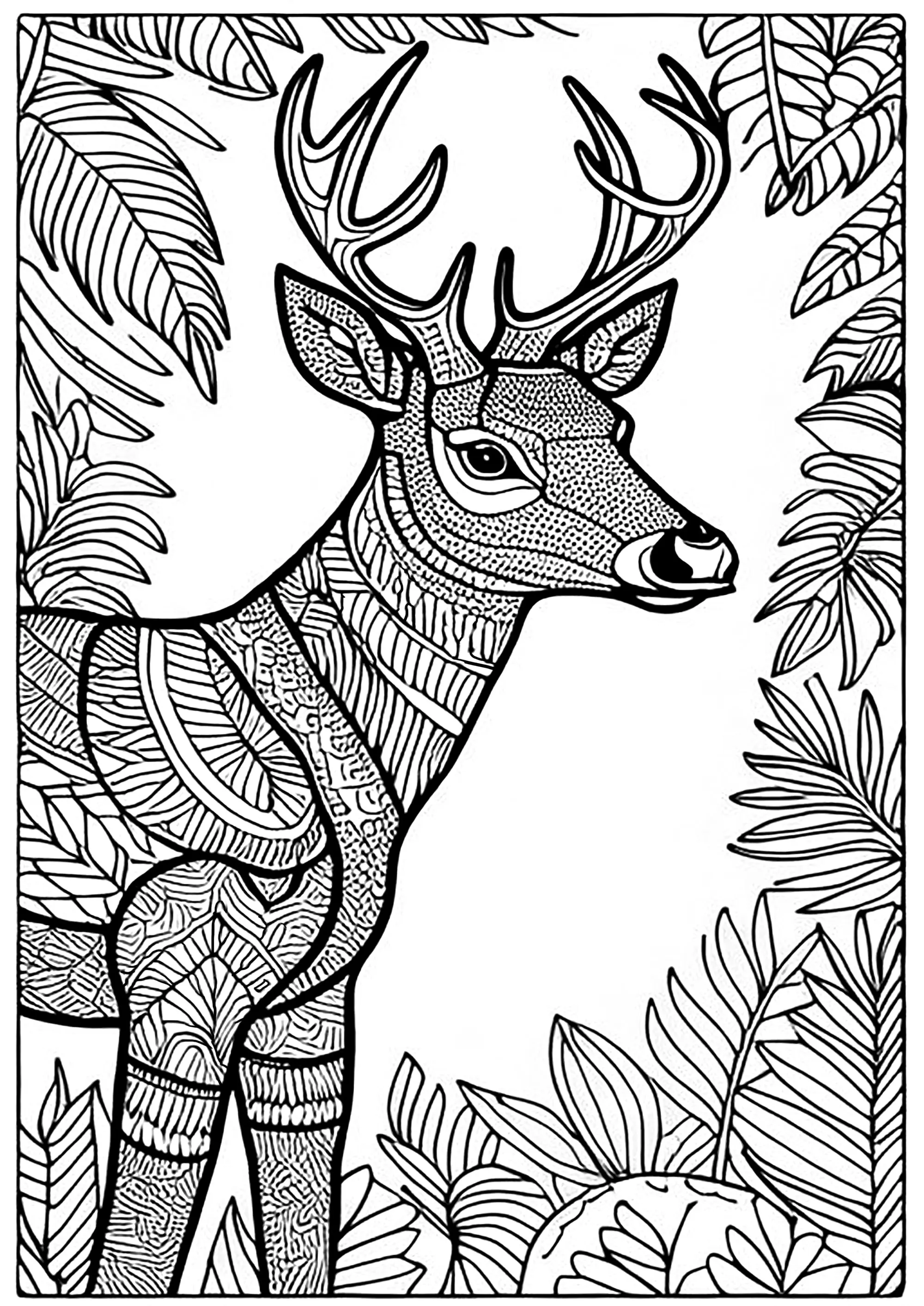 Cerf et jolis motifs (Coloriage à imprimer pour adultes)