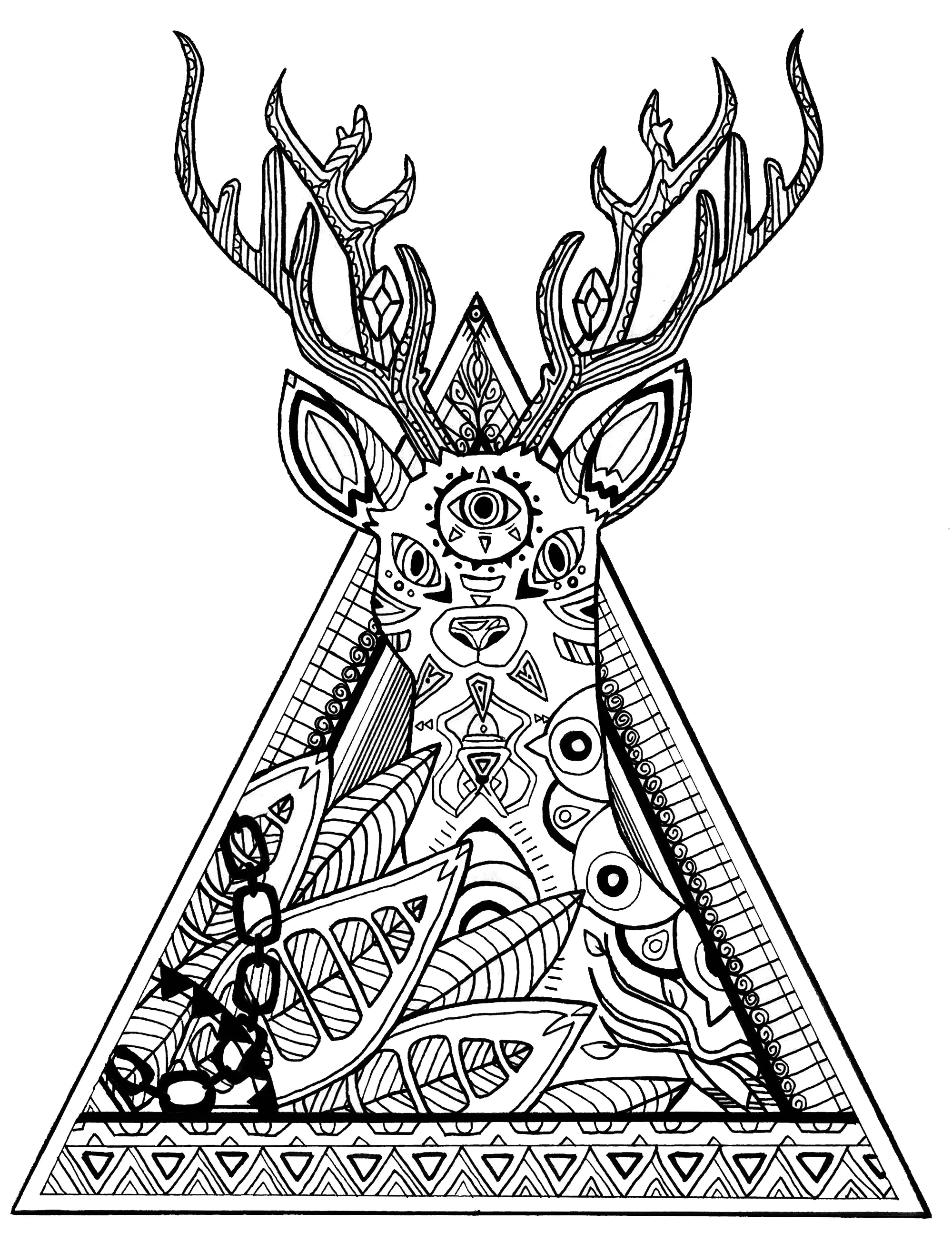 Dessin d'un cerf intégré dans un mystérieux triangle (Coloriage à imprimer pour adultes)
