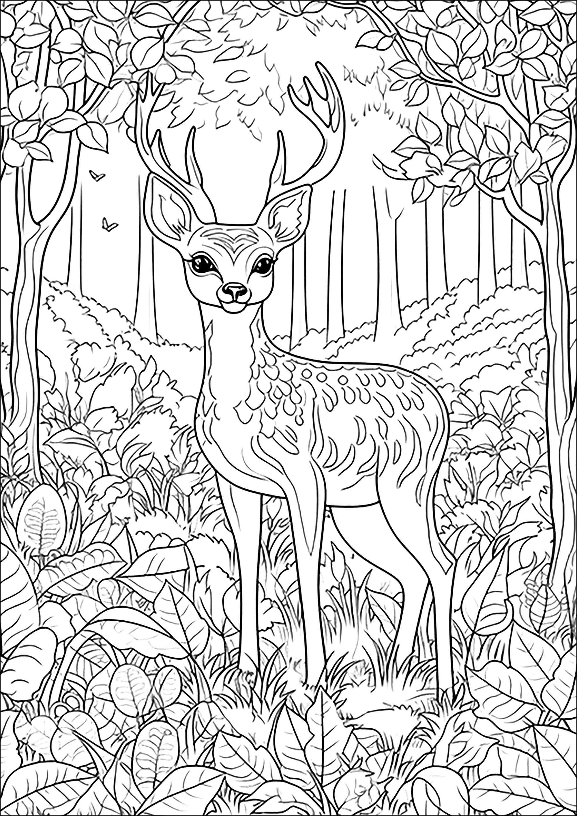 Joli cerf dans la forêt. Nombreux détails à colorier