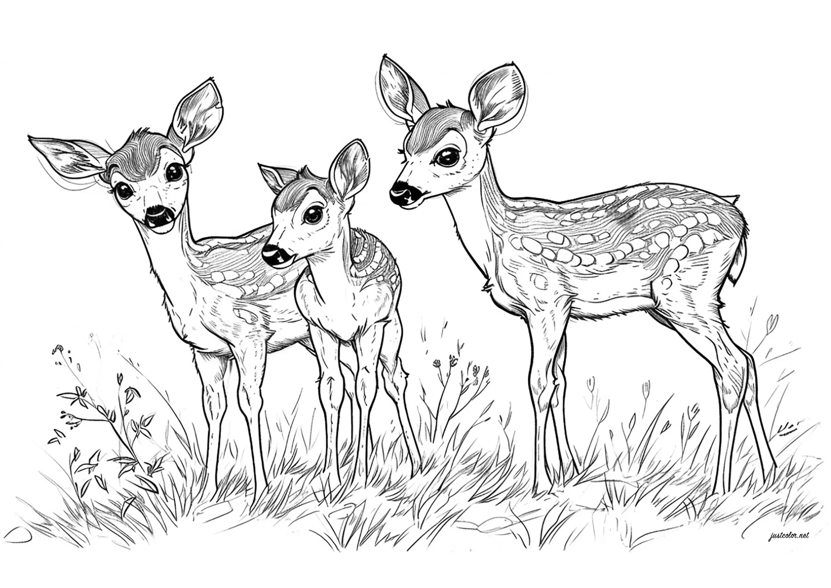 Trois jolies biches (Coloriage de Cerfs à imprimer pour adultes)