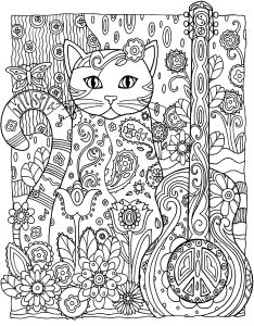 Coloriage adulte animaux chat guitare