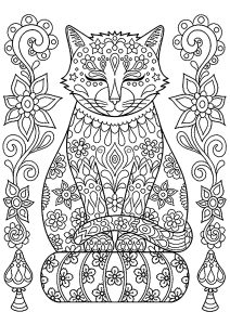 Coloriage de à imprimer pour adultes : Chat-mignon-sur-coussin-avec-fleurs
