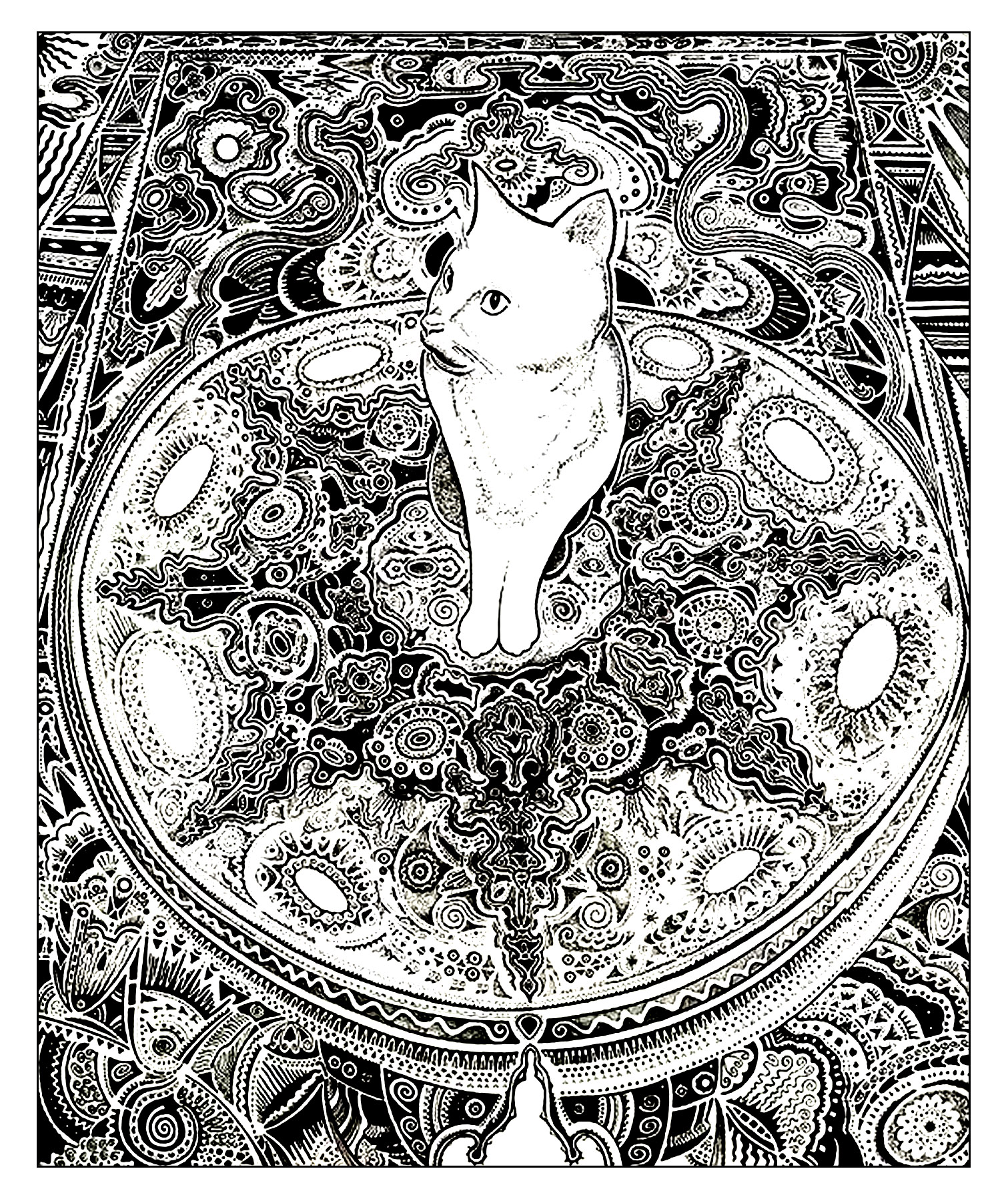 Un chat sur un beau tapis à colorier. Des motifs originaux, fins et complexes à colorier dans ce joli tapis