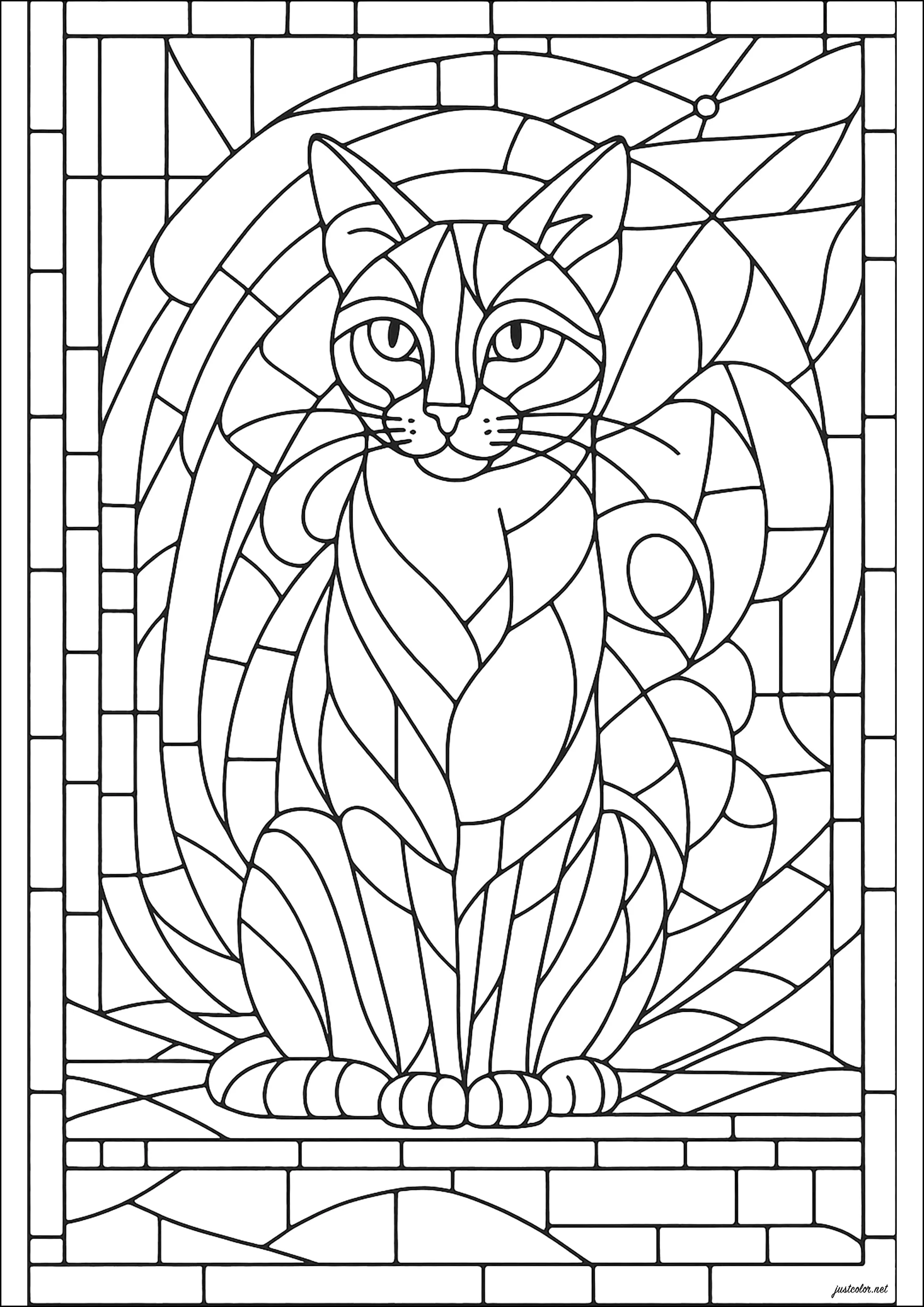 Vitrail représentant un magnifique chat (Coloriage à imprimer pour adultes)
