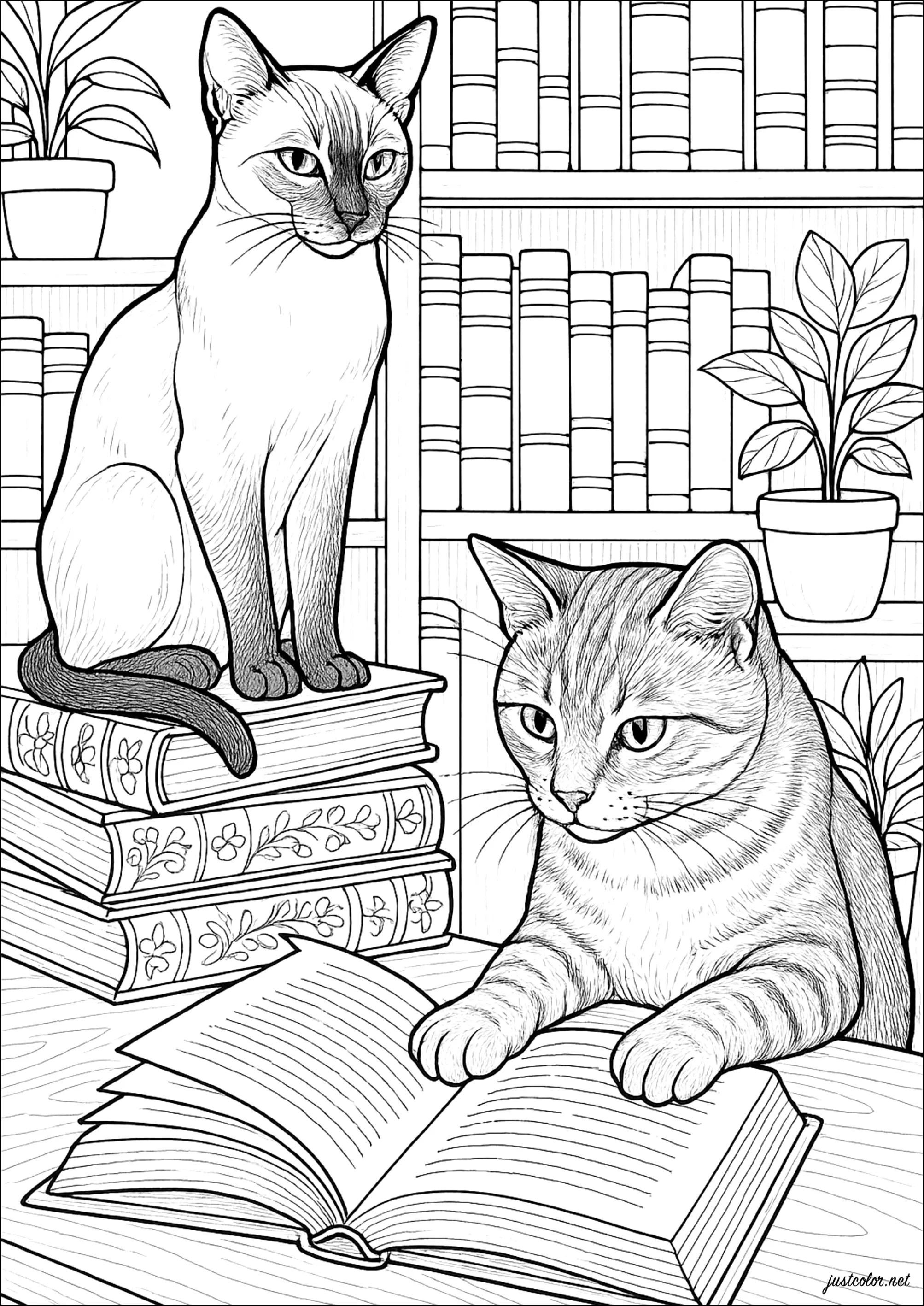 Chats bibliophiles (Coloriage à imprimer pour adultes)