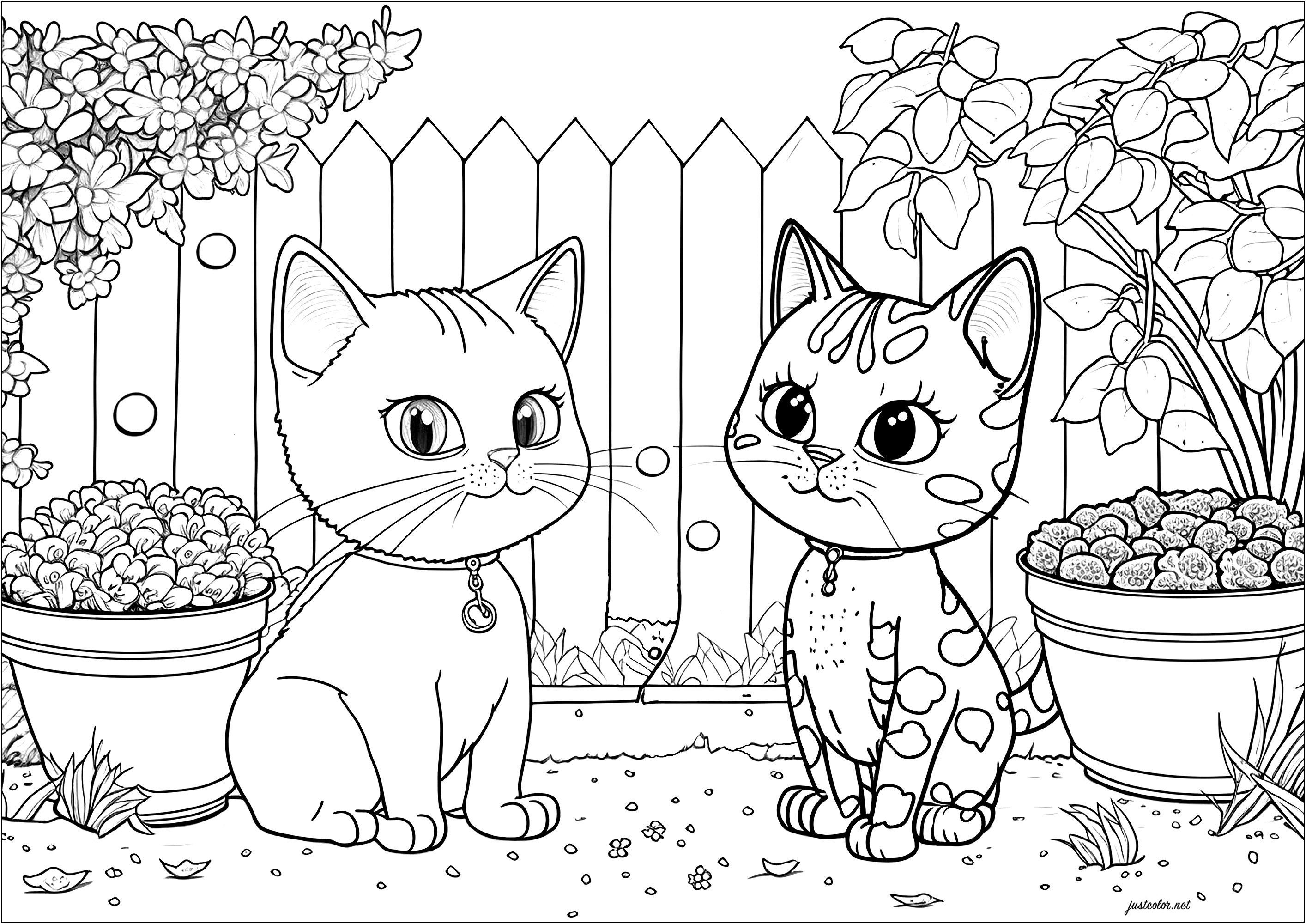 Deux jolis et très sages chatons, dans un beau jardin. Un coloriage assez simple mais qui sera sans doute très agréable à réaliser, car les détails végétaux du jardin sont assez nombreux.