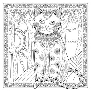 Chat et soleil dans magnifique cadre (Coloriage)