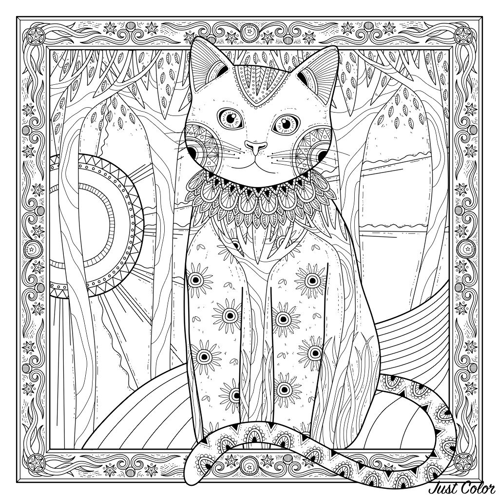 Chat Et Soleil Dans Magnifique Cadre Chats Coloriages Difficiles