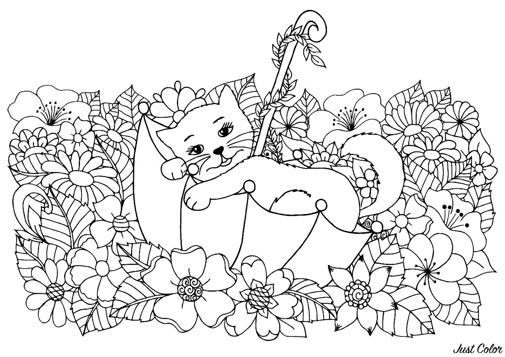 Joli chaton se reposant dans un parapluie, entouré de belles fleurs