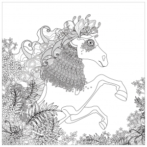 Coloriage cheval et elements floraux