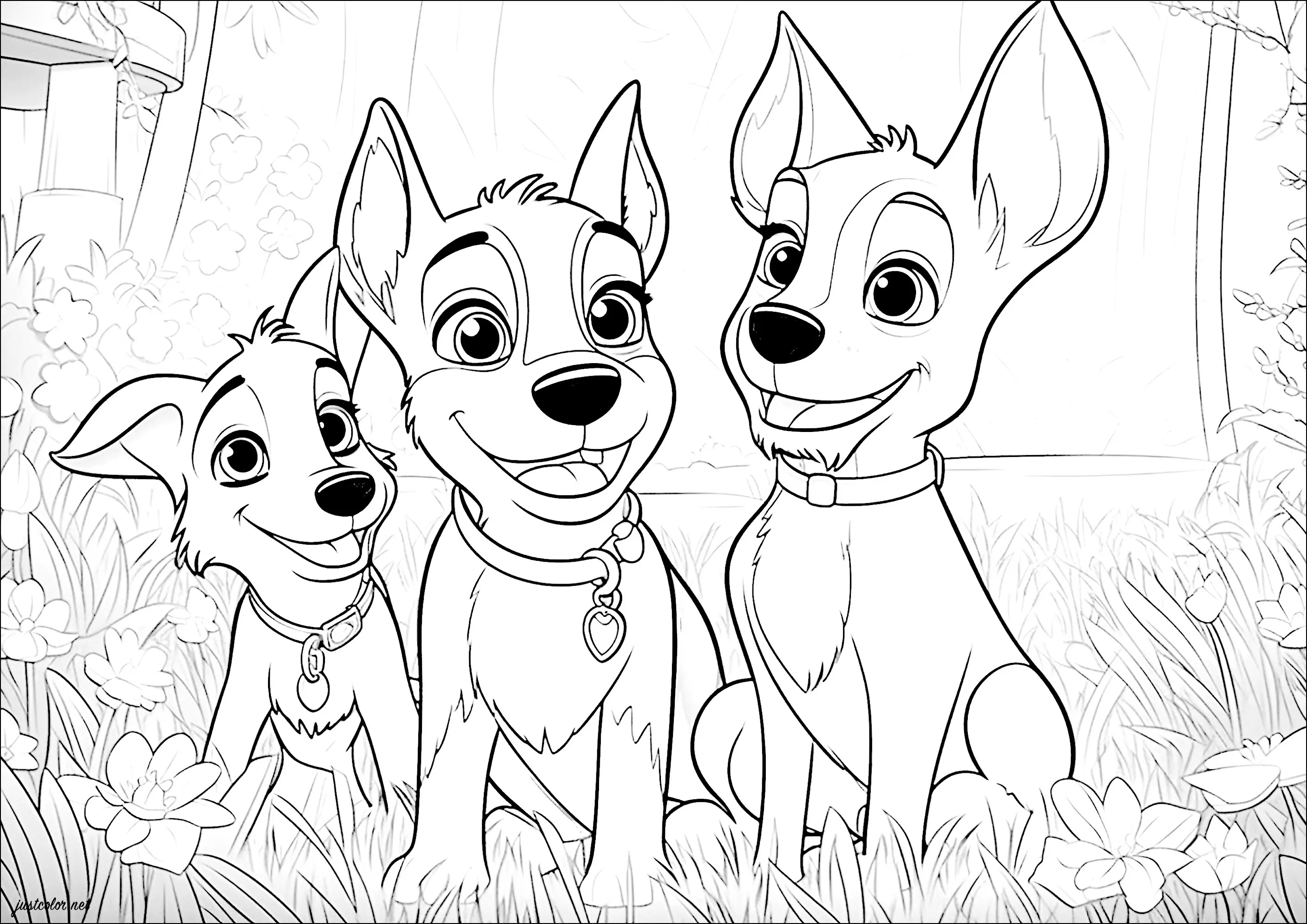 Trois chiens joyeux, dans le jardin (Coloriage à imprimer pour adultes)