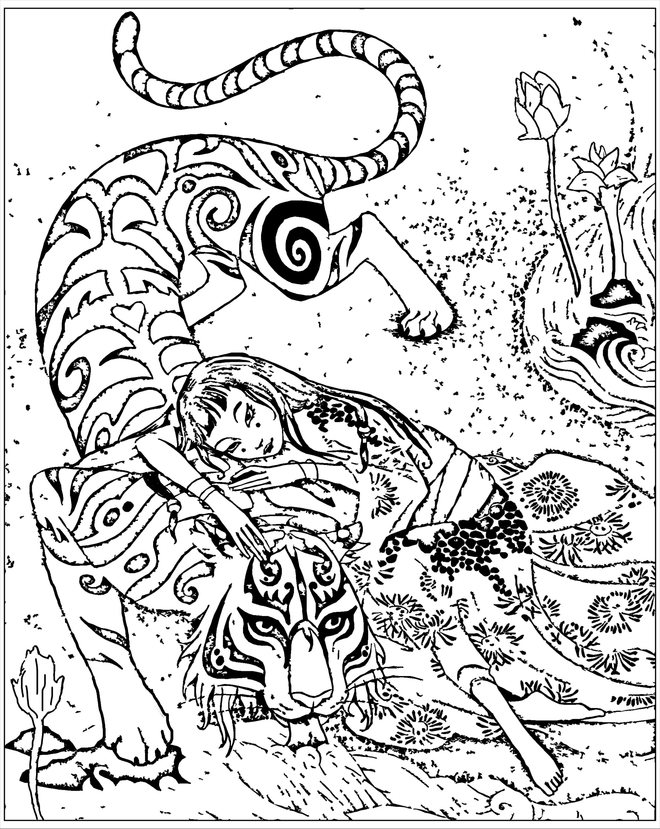 Coloriage inspiré du livre Le tigre dévoué, de Qi feng Shen. Qi feng Shen est un écrivain chinois connu pour son recueil d’une centaine d'histoires mêlant le surnaturel aux réalités sociales de l’époque ('Xieduo', 1792) : des textes  avec des personnages évoluant dans des intrigues pleines de finesse et d’intelligence