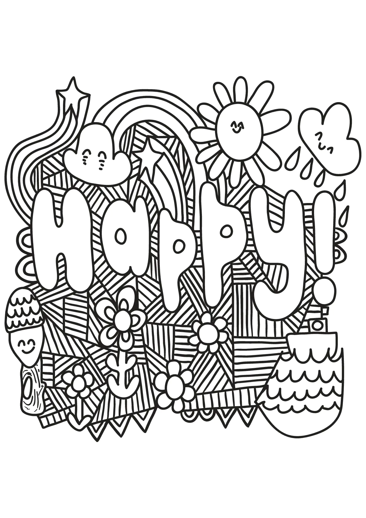 Happy ! (Coloriage de Citations inspirantes et Phrases Zen (EN ANGLAIS) à imprimer pour adultes)