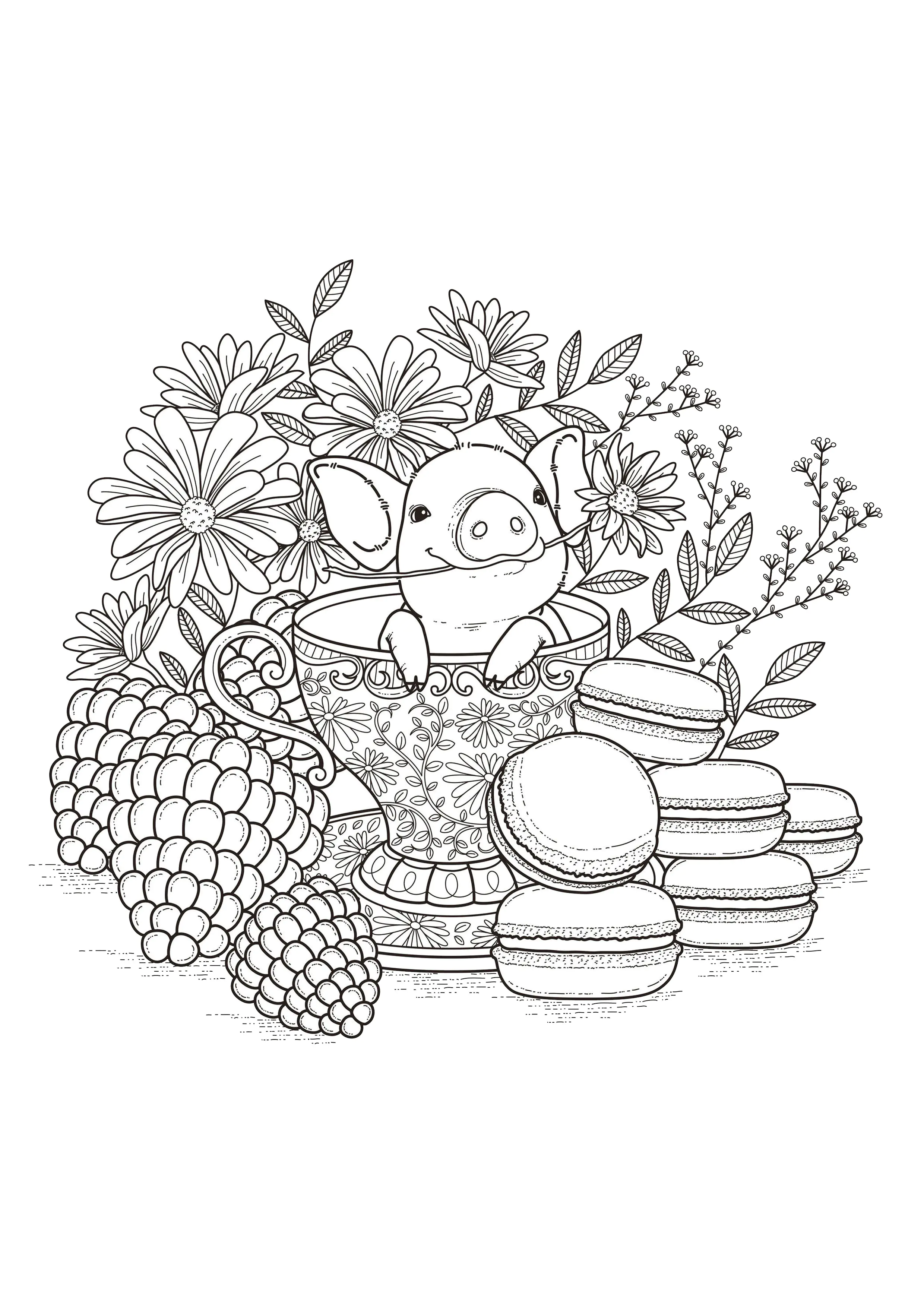 Bébé cochon et macarons (Coloriage à imprimer pour adultes)