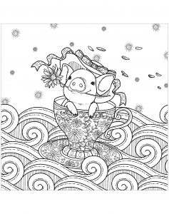 Coloriage cochon tasse vagues