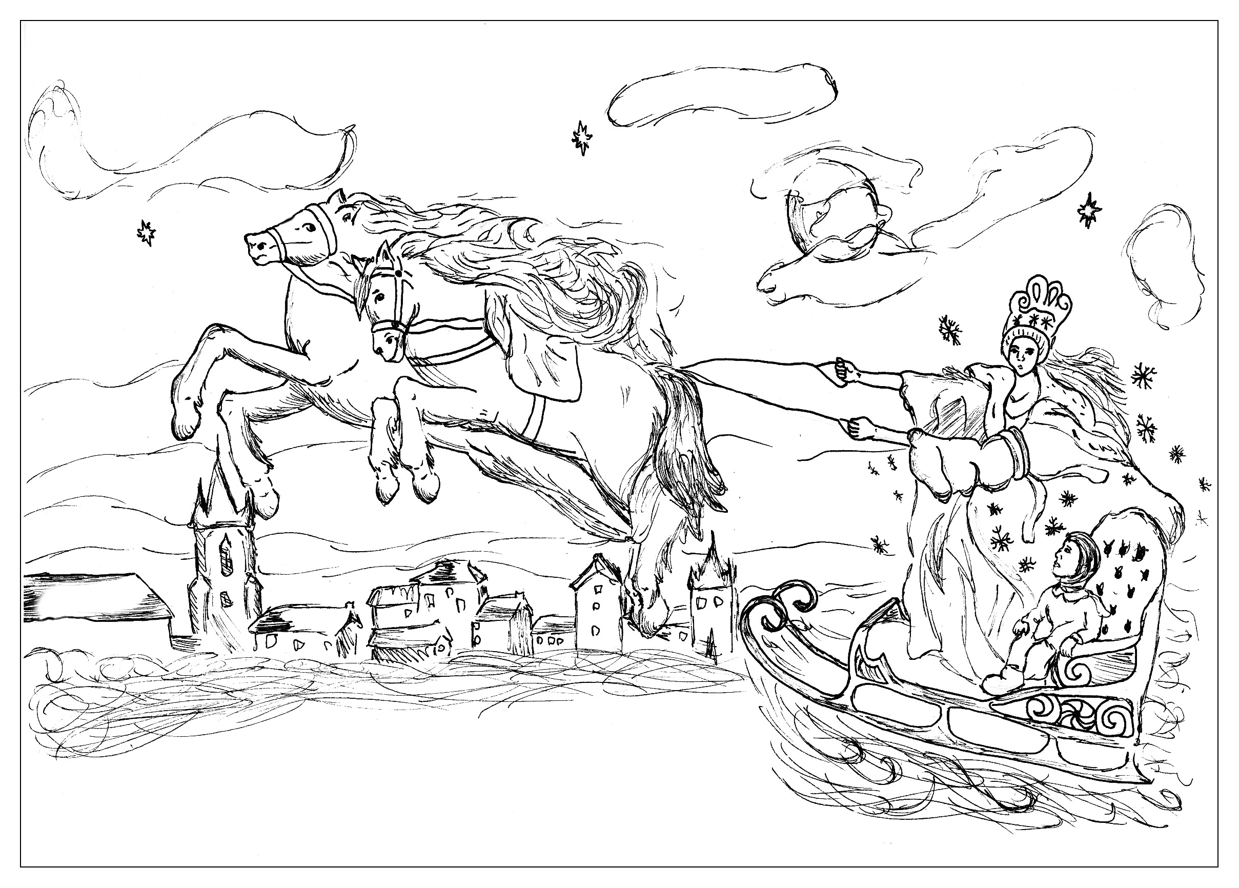 Voici un coloriage sur le compte original d'Andersen 'La Reine des Neiges', Artiste : Allan