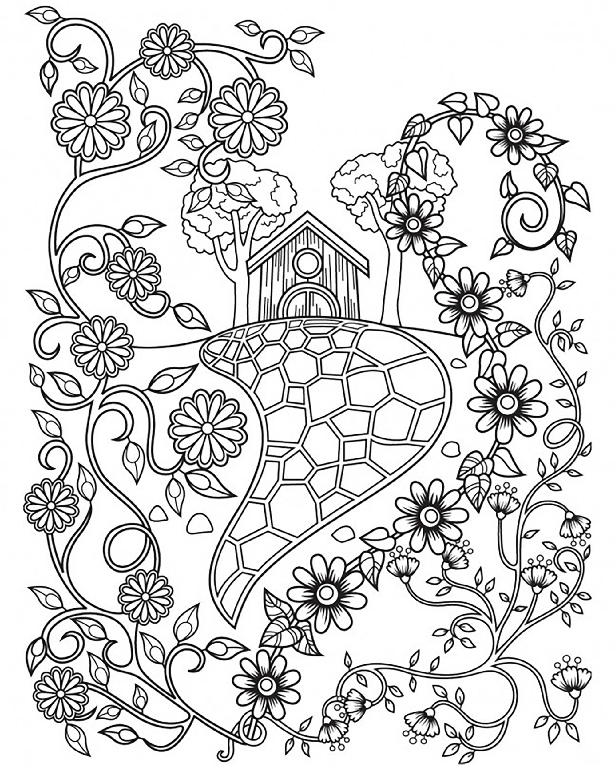 coloriage maison de conte de fees et fleurs