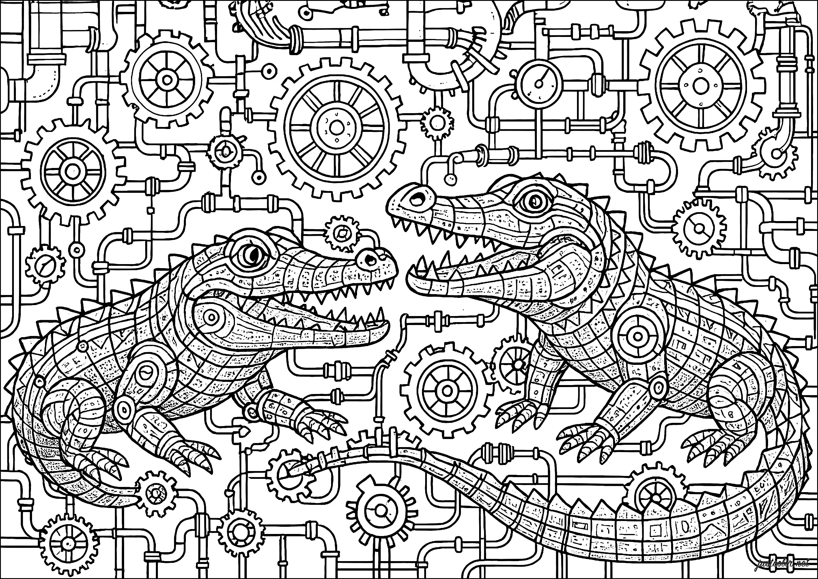 Crocodiles Steampunk (Coloriage à imprimer pour adultes)