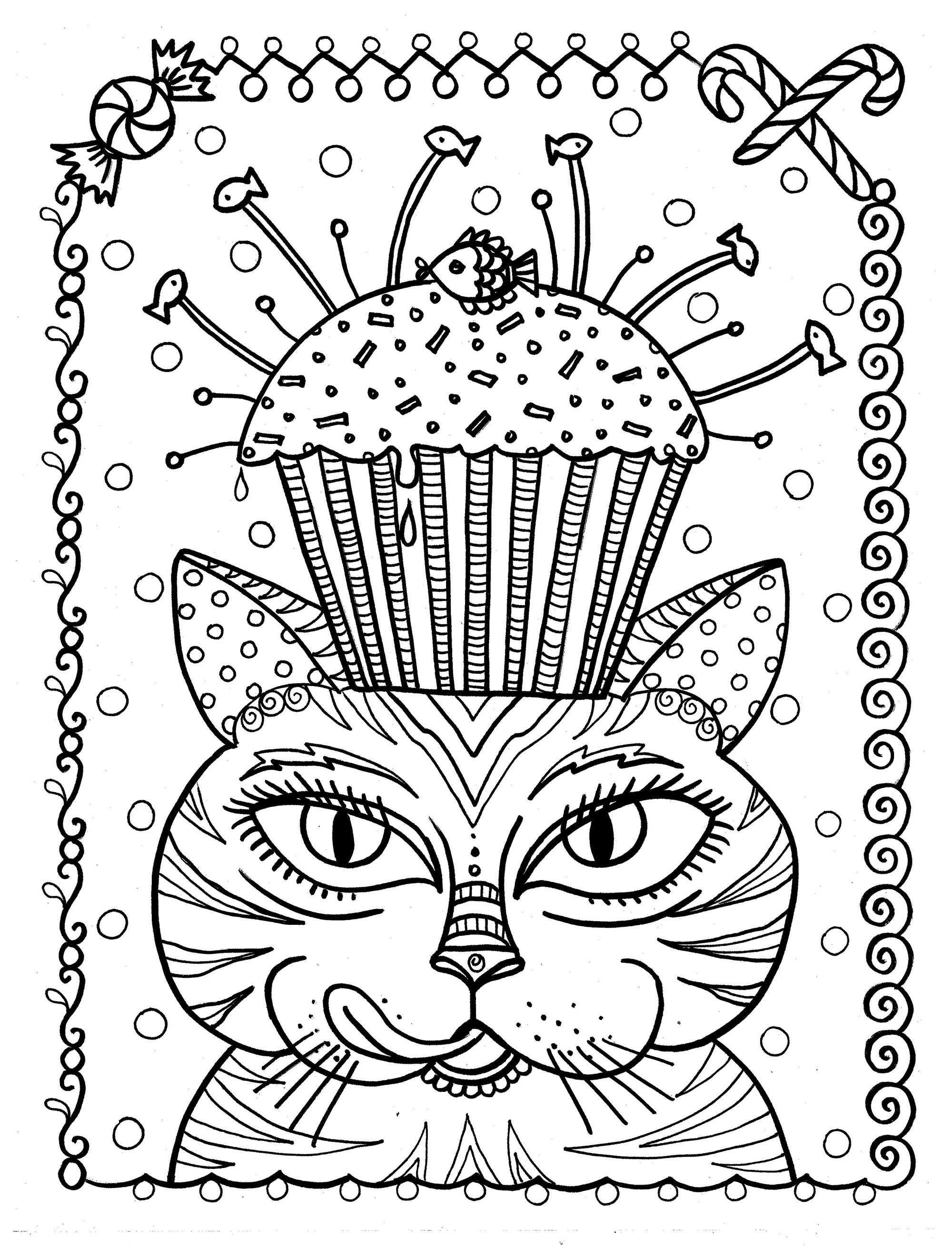 Un Cupcake aux poissons ! un régal pour ce chat. Ce chat va se régaler avec ce drôle de cupcake ... Dépêchez vous de le colorier avant qu'il n'en reste que des miettes ... et des arêtes !, Artiste : Deborah Muller