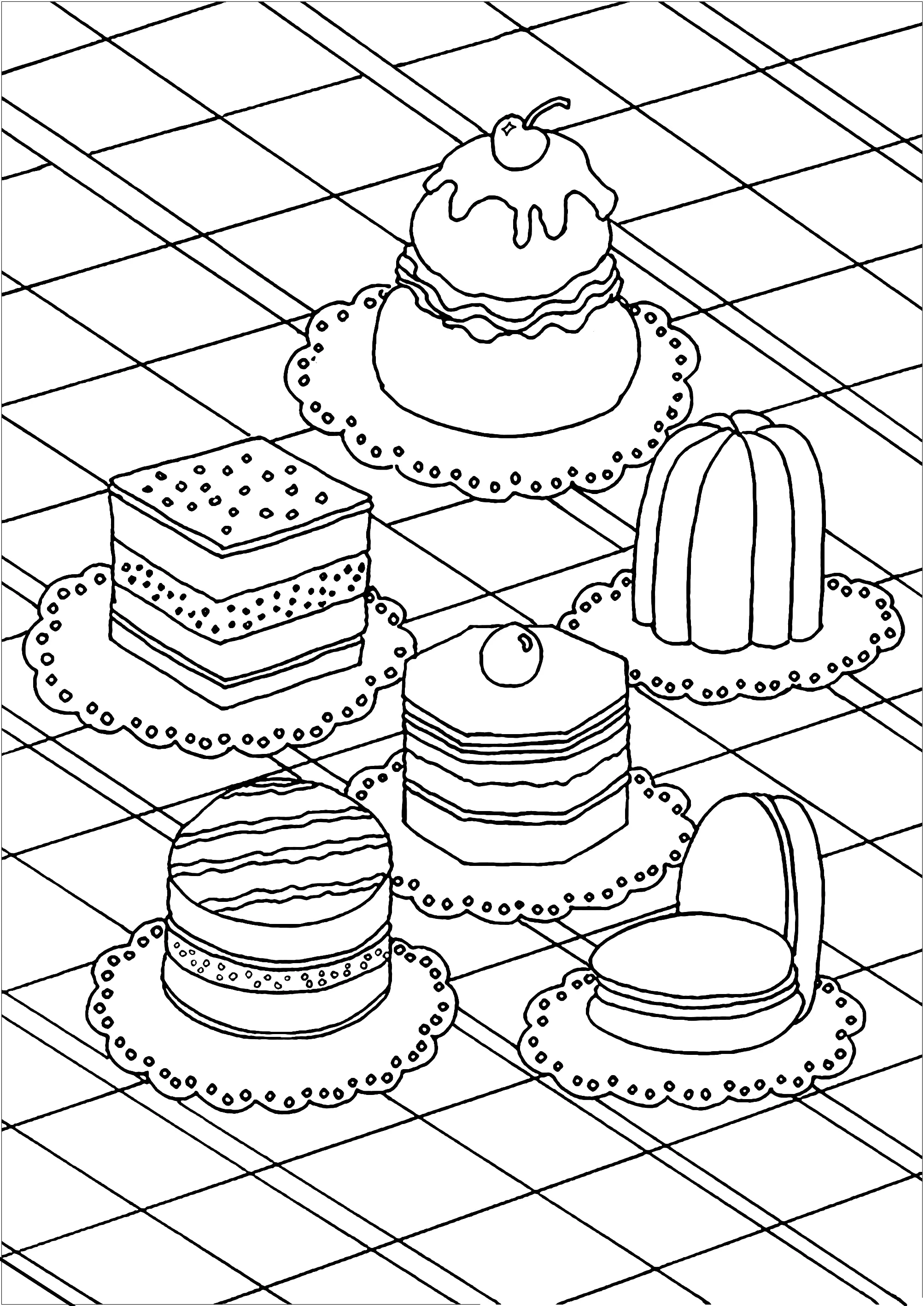 Gâteaux appétissants (Coloriage de Cupcakes et gâteaux à imprimer pour adultes)