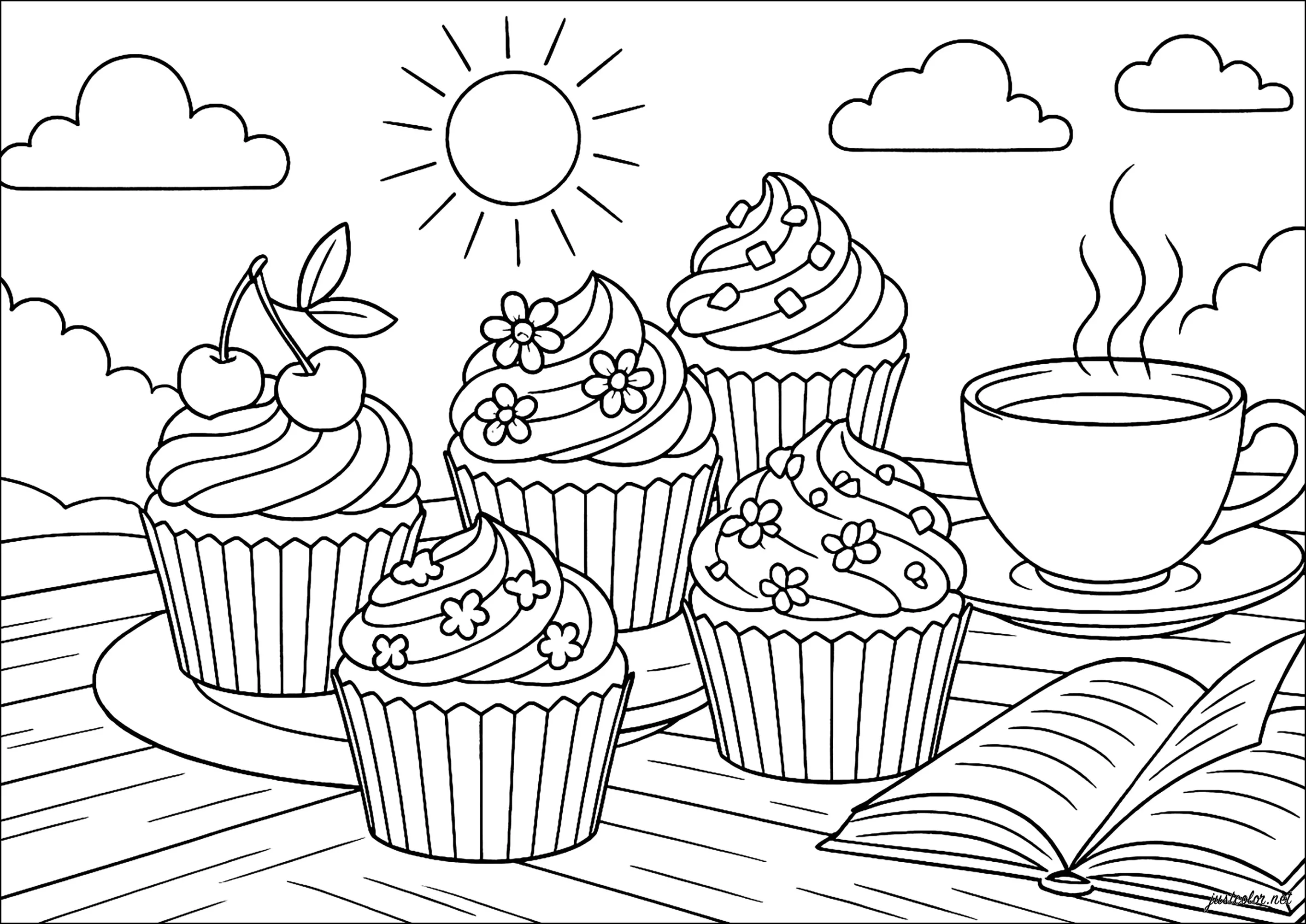 Goûter Gourmand Estival (Coloriage de Cupcakes et gâteaux à imprimer pour adultes)