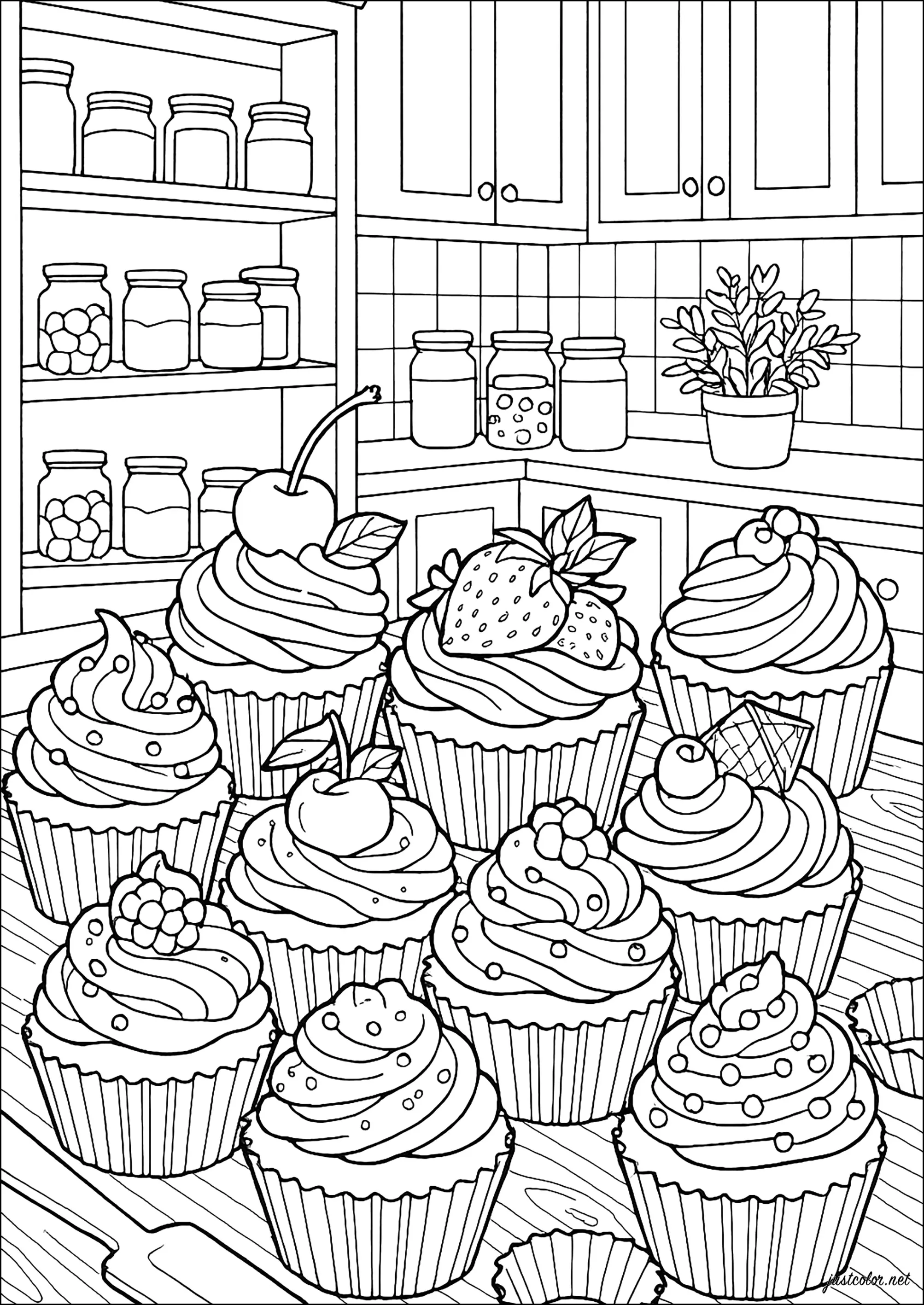 Atelier Pâtisserie Gourmand (Coloriage de Cupcakes et gâteaux à imprimer pour adultes)