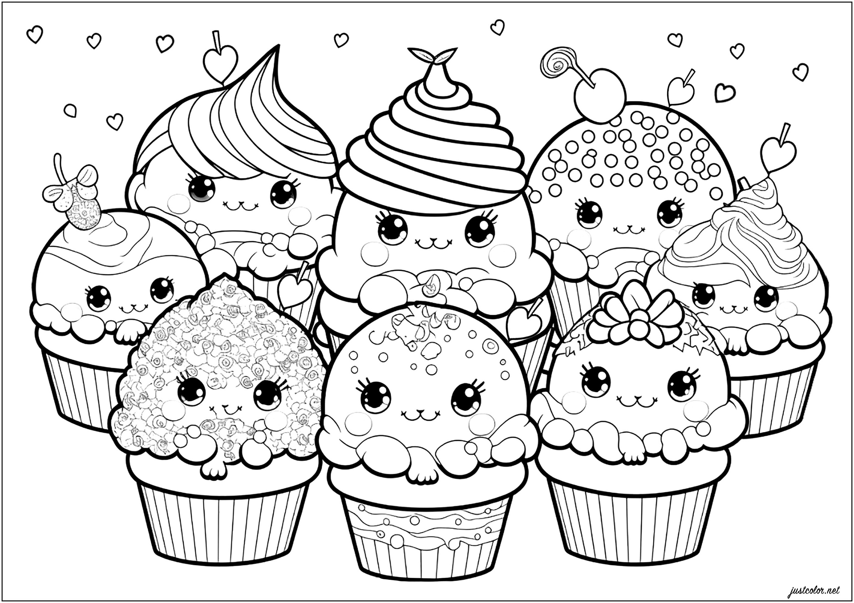 Cupcakes inspirés des personnages Kawaii, à colorier avec des couleurs vives