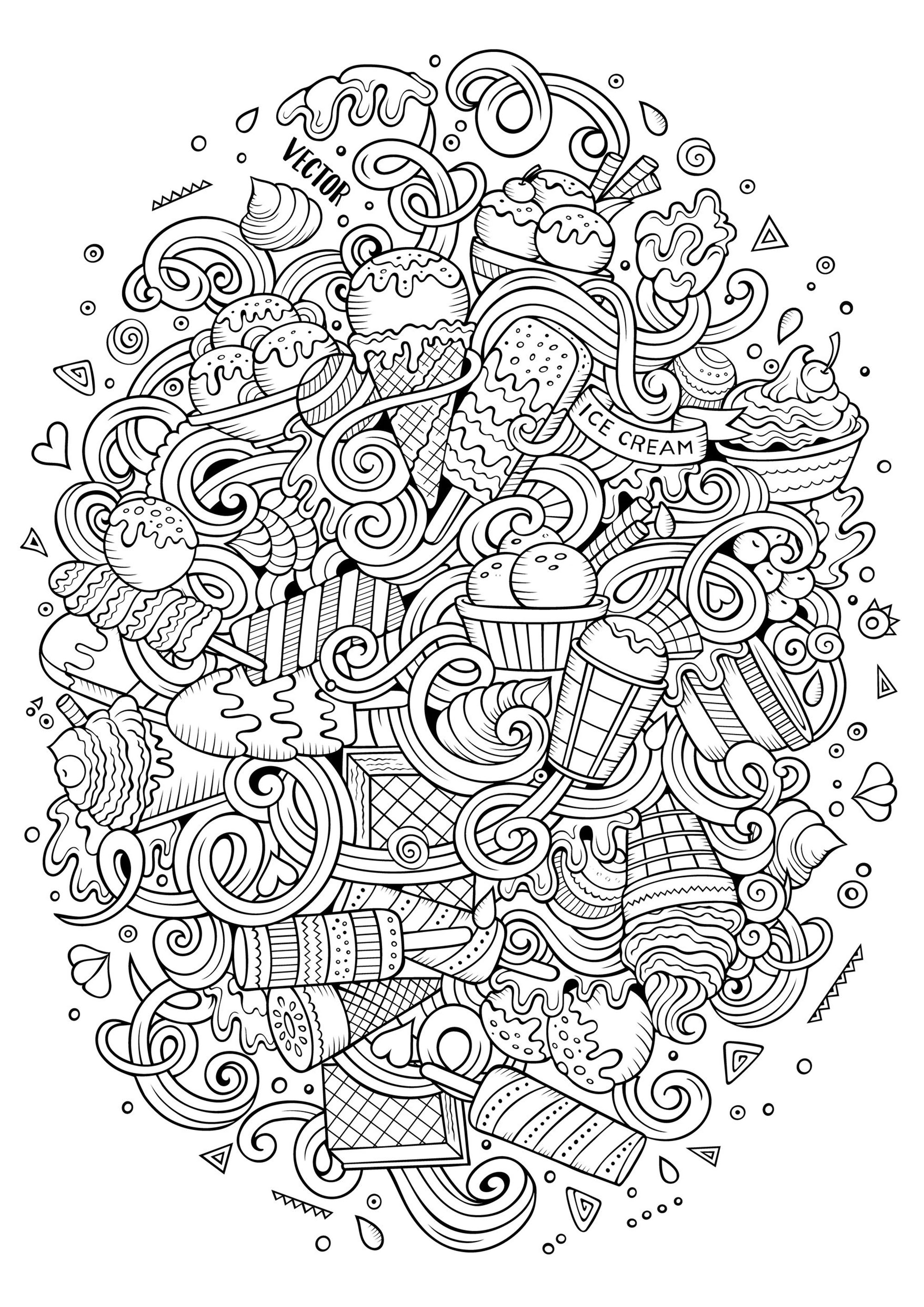Ce mélange de glaces en style doodle vous promet un coloriage rafraîchissant pour l'été !, Source : 123rf   Artiste : Olga Kostenko