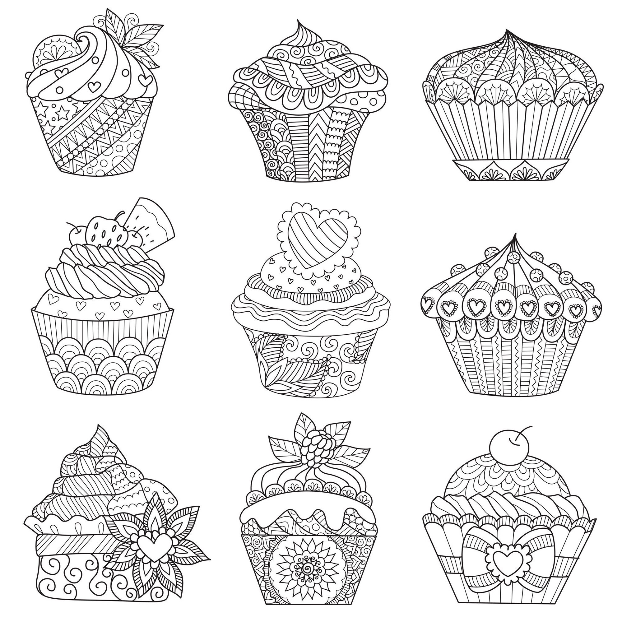 Neuf cupcakes, de quoi ravir toute la famille et les colorier tous ensemble !. Chacun de ces cupcakes est différent en termes de motifs, mais le même style simple et enfantin de retrouve à chaque fois.Certains motifs sont inspirés par les motif Zentangle, Source : 123rf   Artiste : Bimdeedee