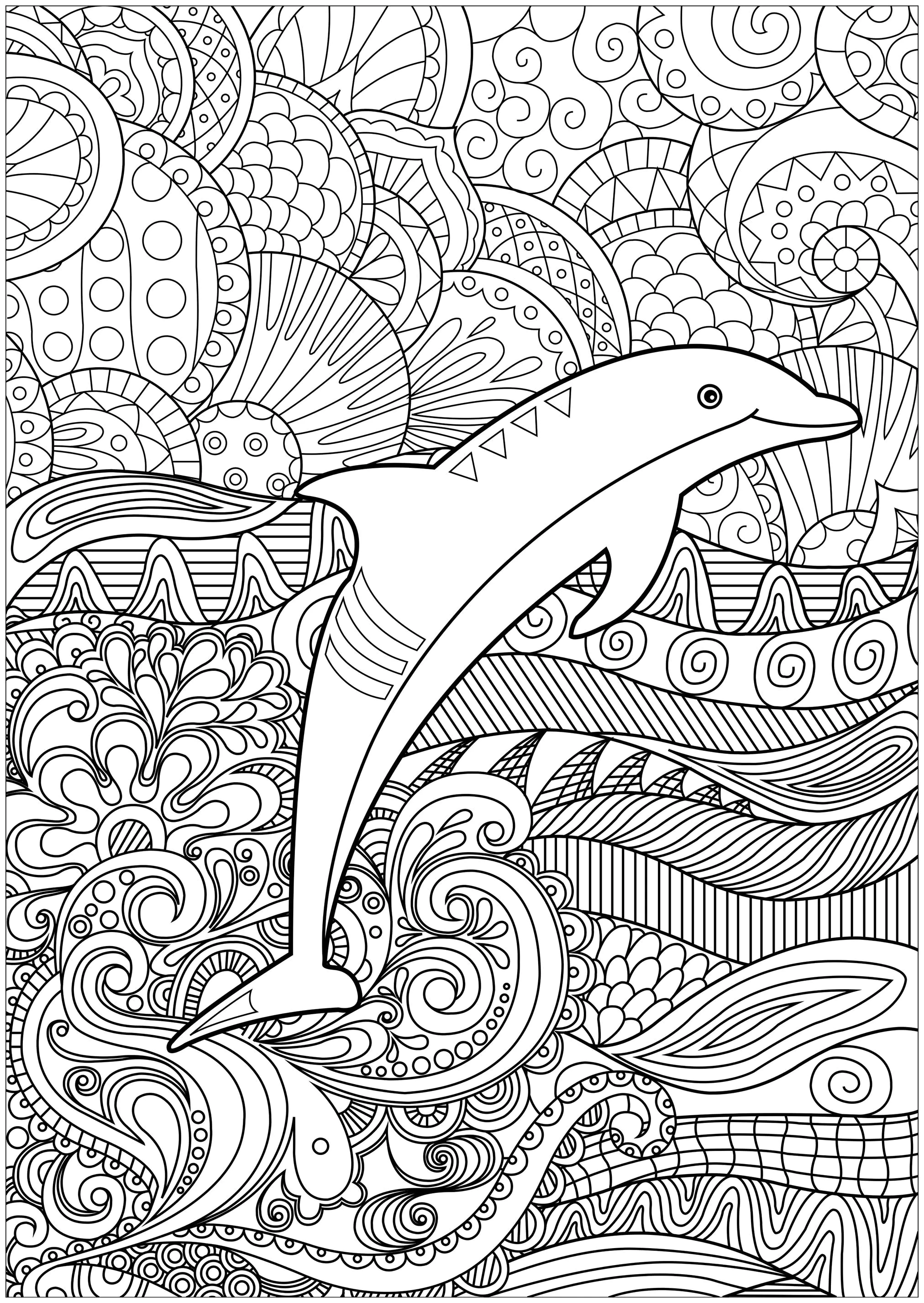 Dauphin sur fond psychédélique (Coloriage à imprimer pour adultes)