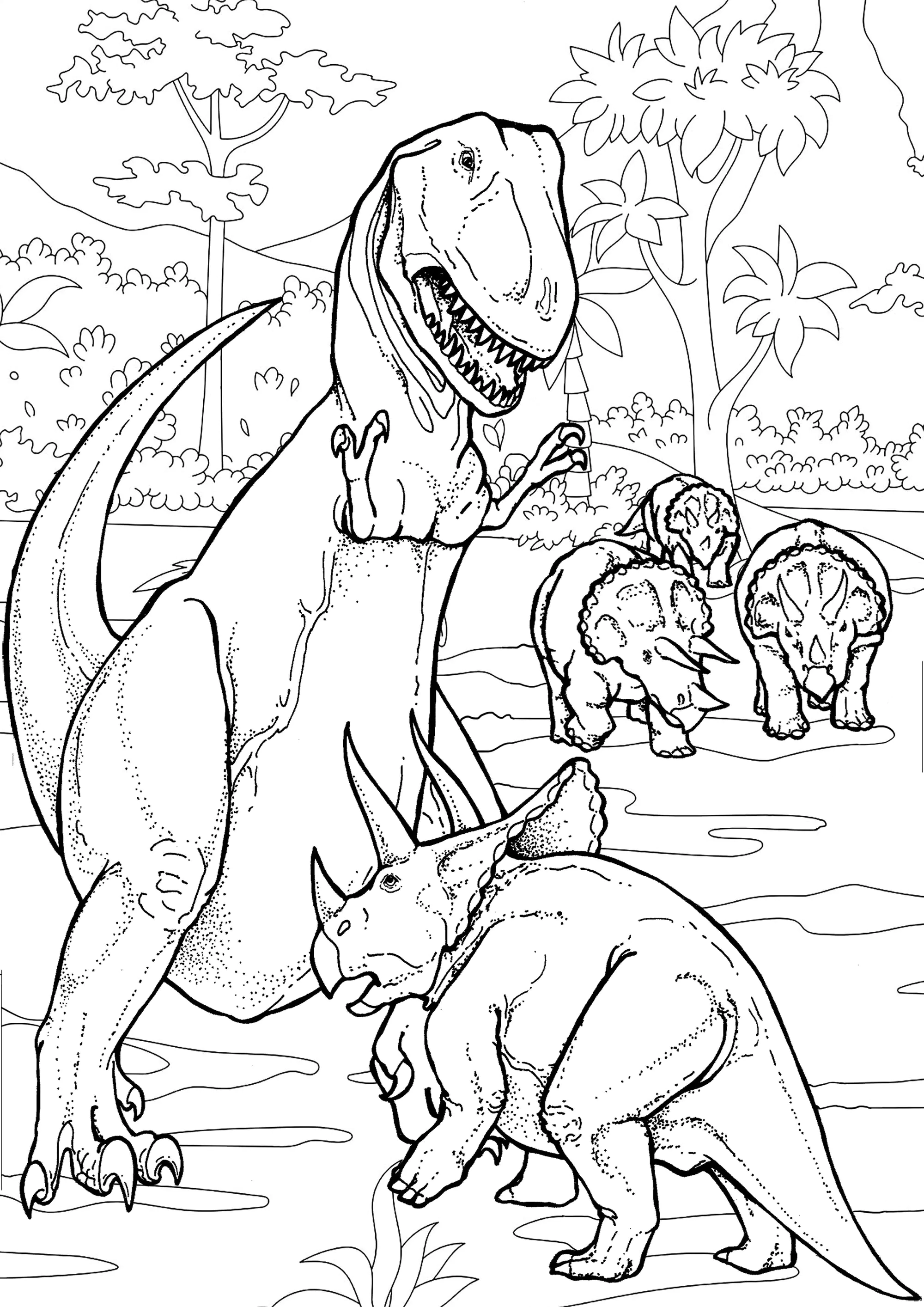 Bataille de Dinosaures (Coloriage à imprimer pour adultes)