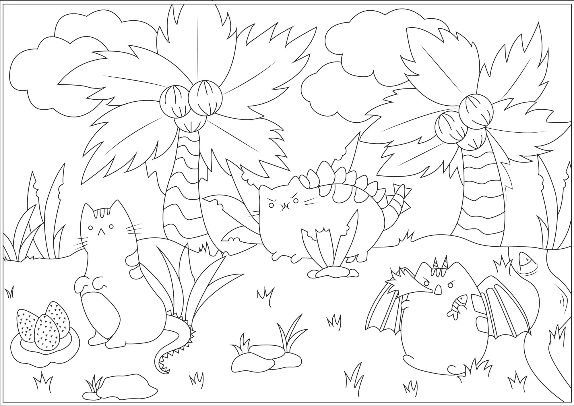 Gentils dinosaures Pusheen (Coloriage à imprimer pour adultes)