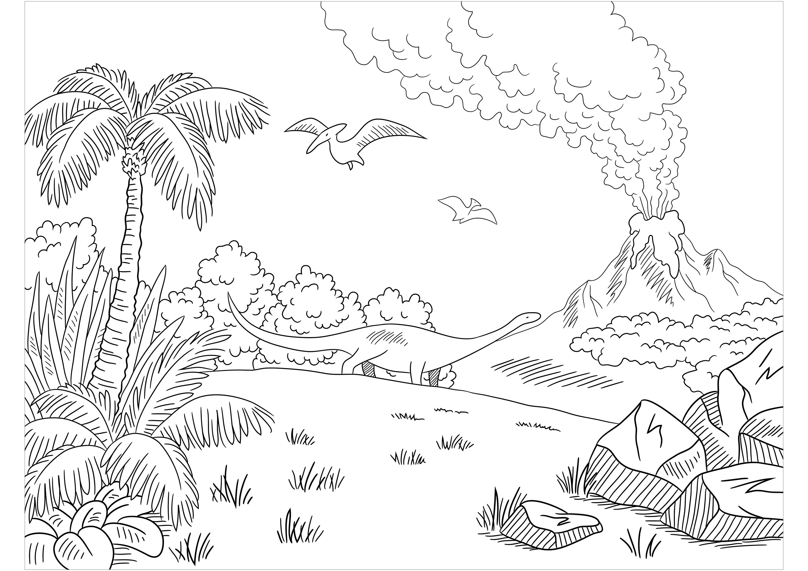 Brachiosaure et Ptérosaures et volcan en pleine éruption, Source : 123rf   Artiste : Aluna1