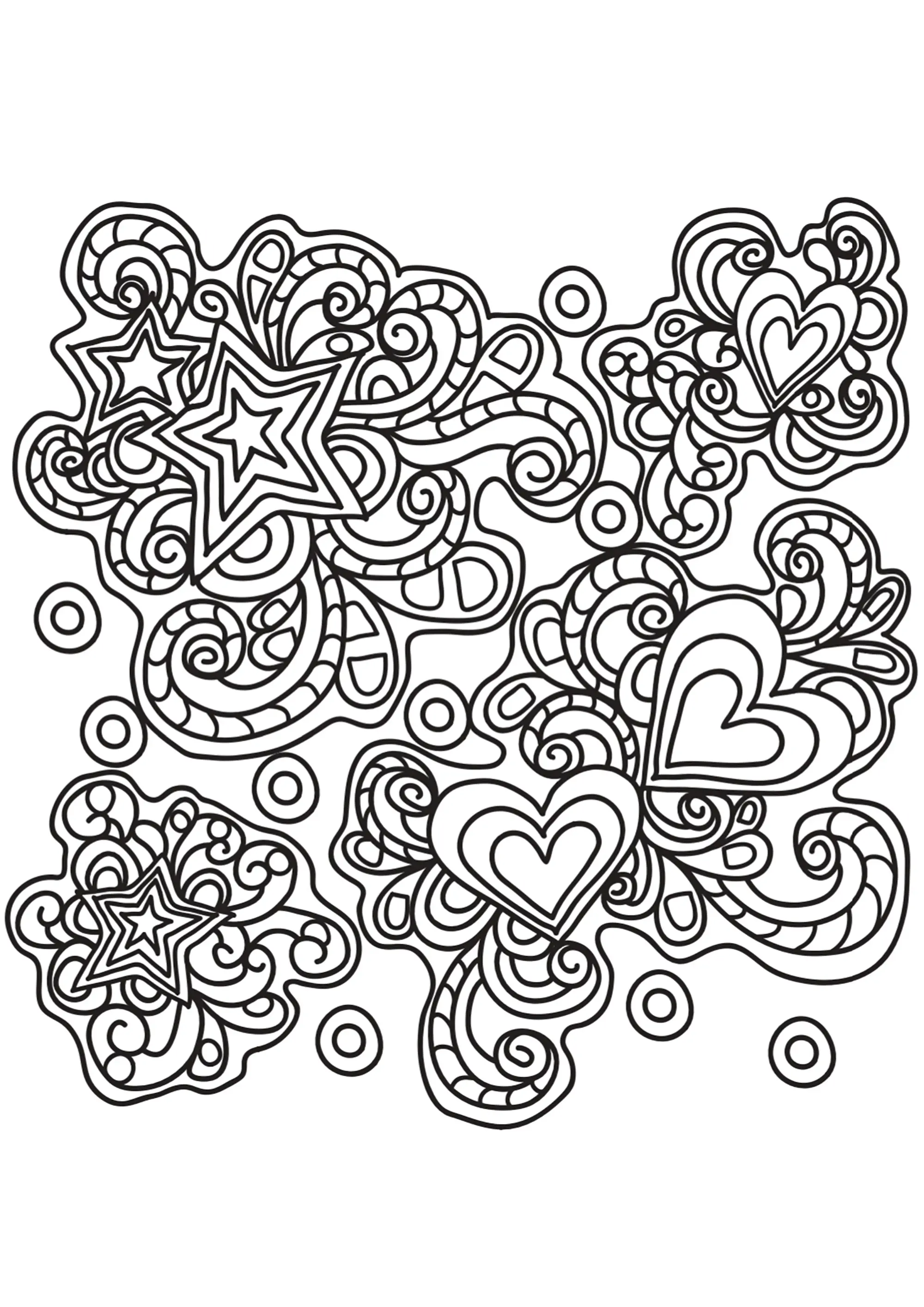 Doodle avec coeurs et étoiles (Coloriage à imprimer pour adultes)