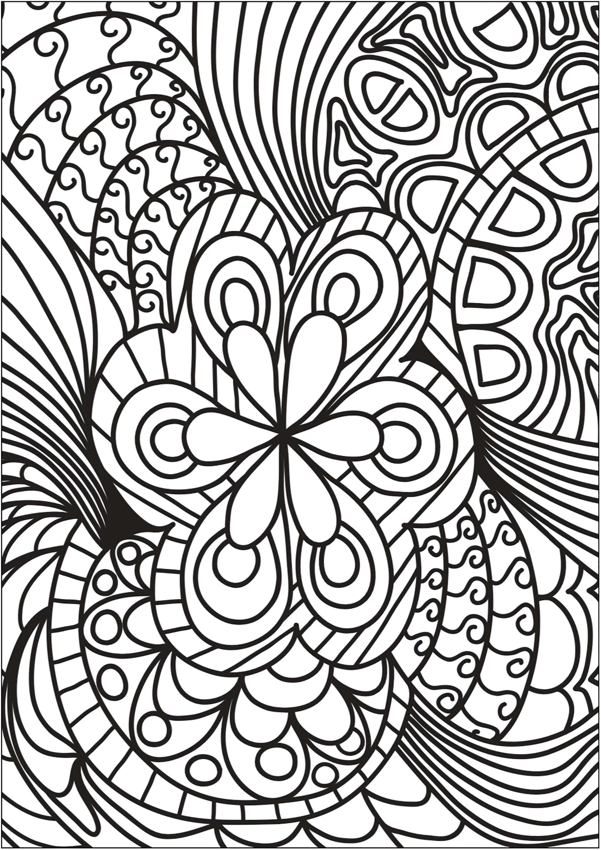 Joli Doodle composée d'une fleur centrale (Coloriage à imprimer pour adultes)