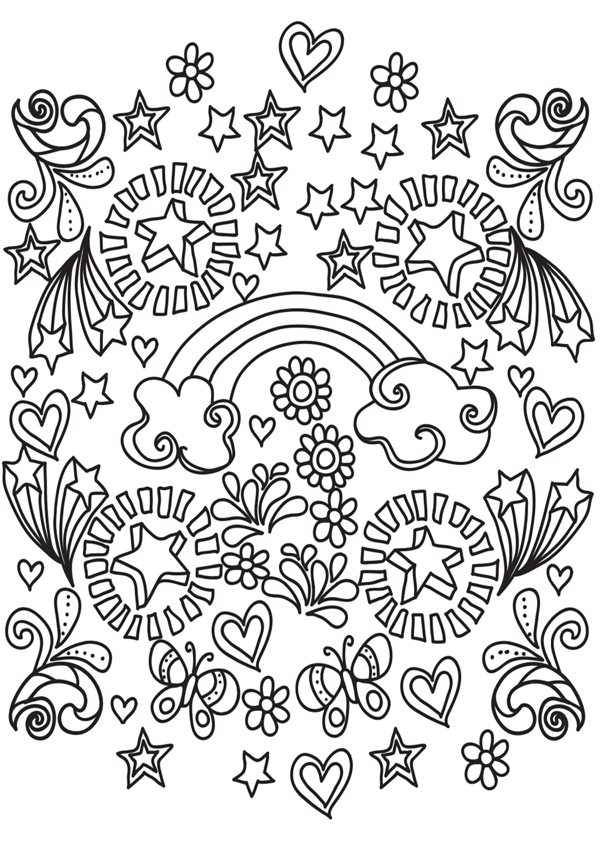 Un Doodle rempli de formes, sujets et motifs représentant la joie de vivre. Des étoiles, coeurs, arcs-en-ciel, papillons ... Vous finirez ce coloriage avec un grand sourire !