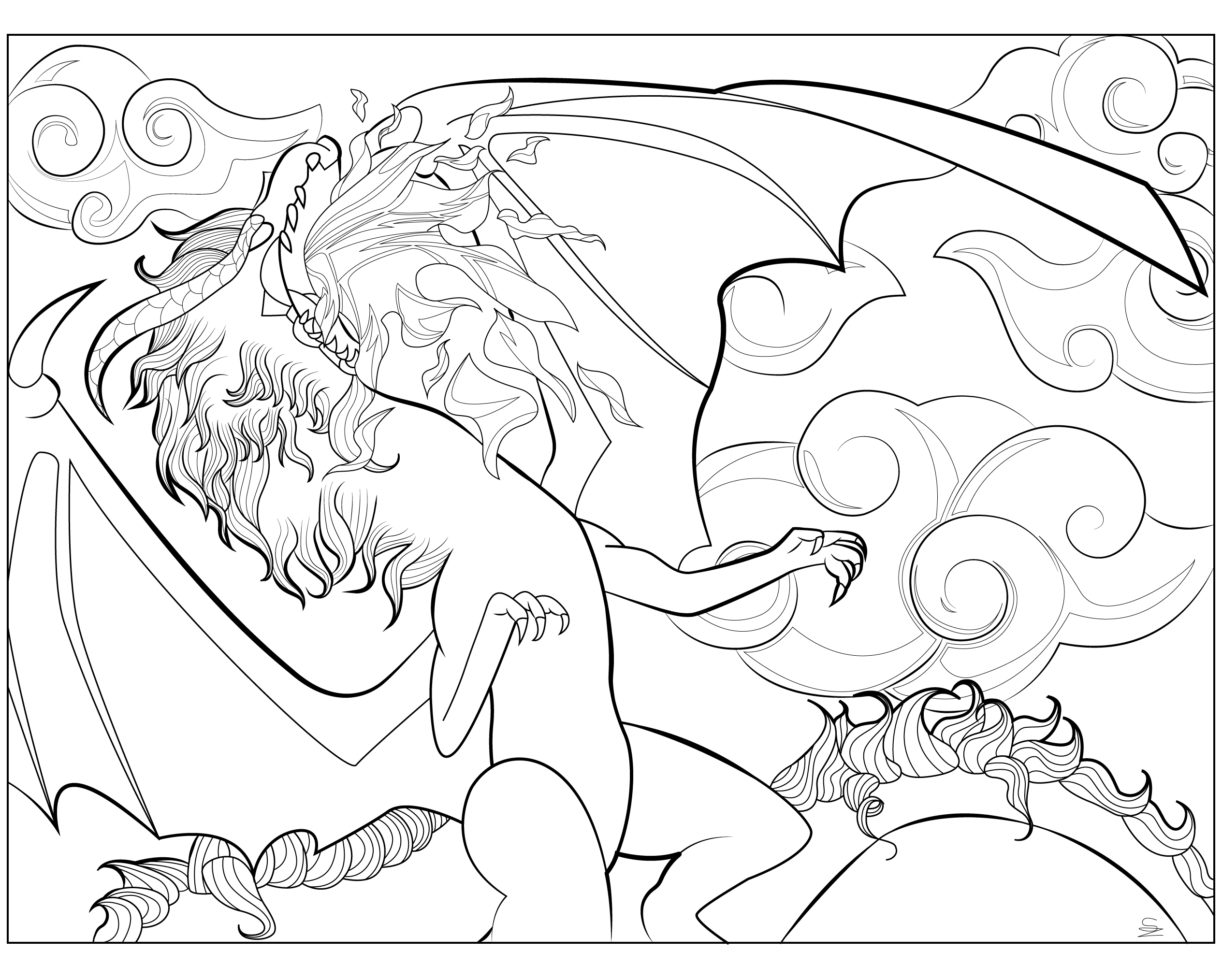 Coloriage d'un dragon majestueux et inspiré du Fatalis Blanc dans Monster Hunter, Artiste : Juline