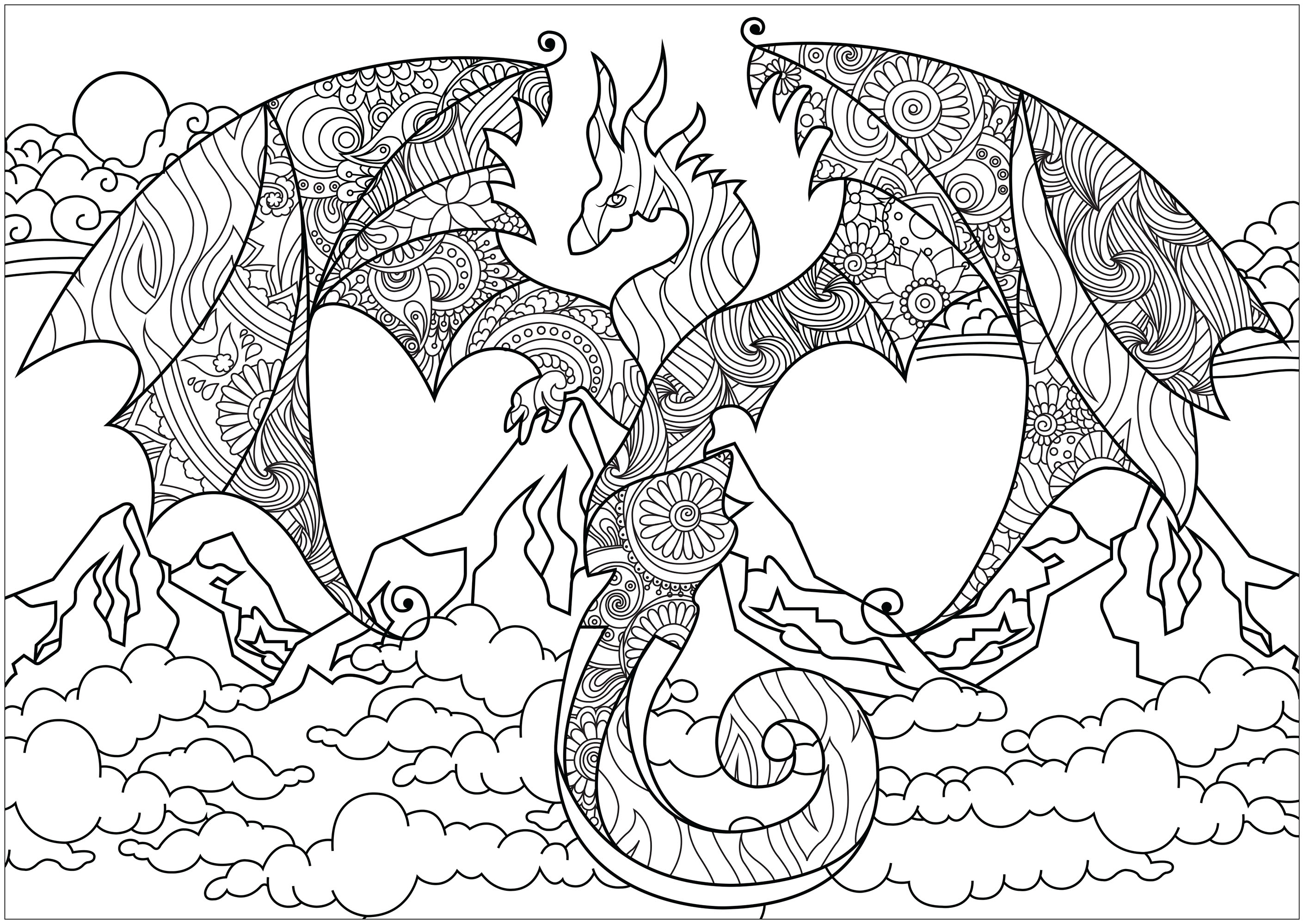 Un incroyable dragon rempli de motifs abstraits surplombant d'imposantes montagnes, et des nuages ondulant, Artiste : Lucie