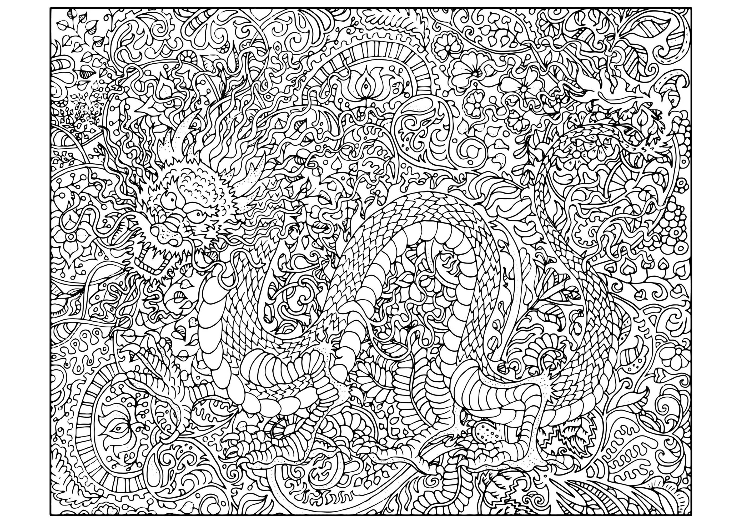 Dragon : coloriage très complexe, avec nombreux motifs en arrière plan, Source : 123rf   Artiste : Vera Petruk