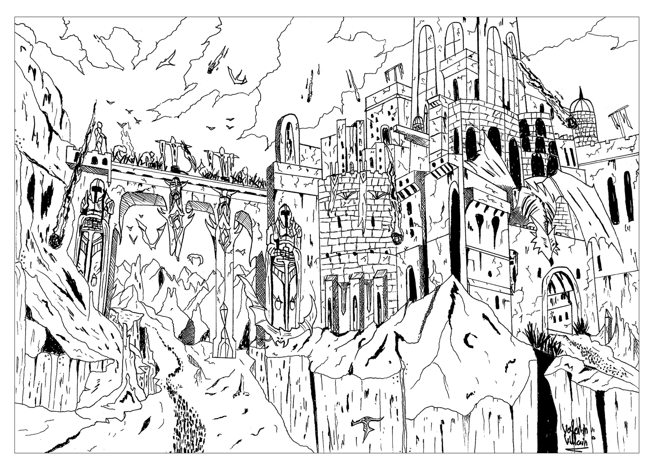 Coloriage d'une forteresse se faisant attaquer par des dragons. Un coloriage inspiré des ouvrages d'heoric fantasy (Le Seigneur des Anneaux, Dongeons et Dragons ...) et des séries comme Game of Thrones .., Artiste : Valentin