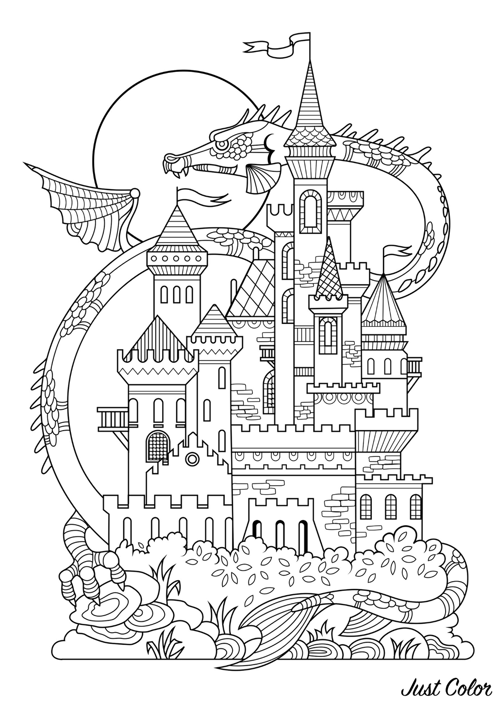 Joli château de conte de fées, avec en arrière plan un dragon géant !