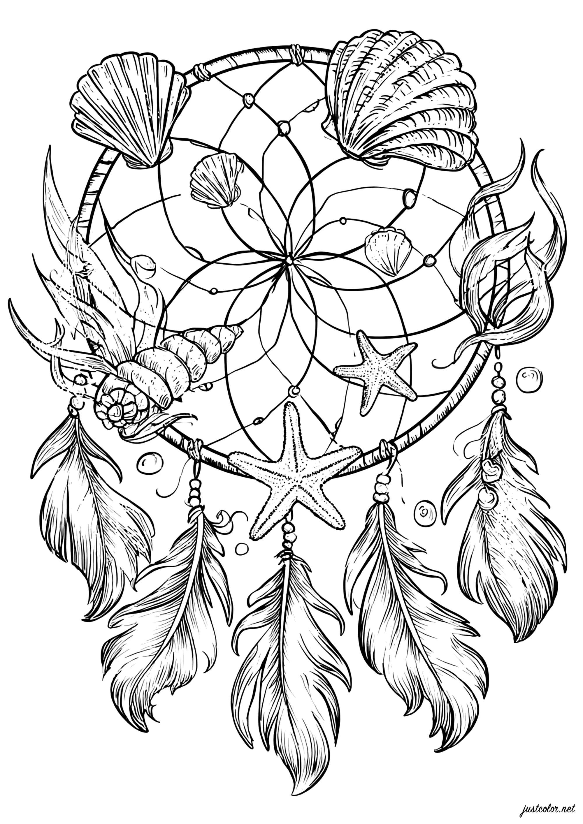 Décor bohème avec motifs marins (Coloriage d'Attrape-rêves (Dreamcatchers) à imprimer pour adultes)