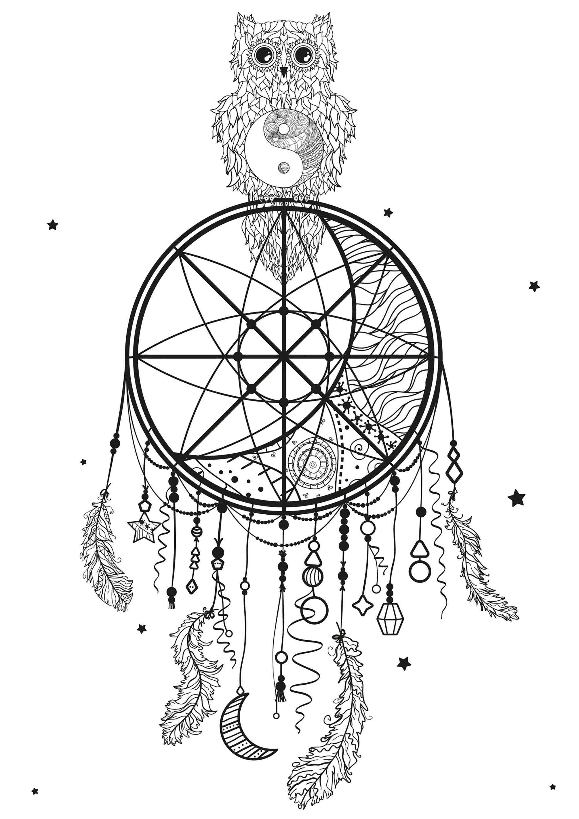 Dreamcatcher & Hibou (Coloriage d'Attrape-rêves (Dreamcatchers) à imprimer pour adultes)