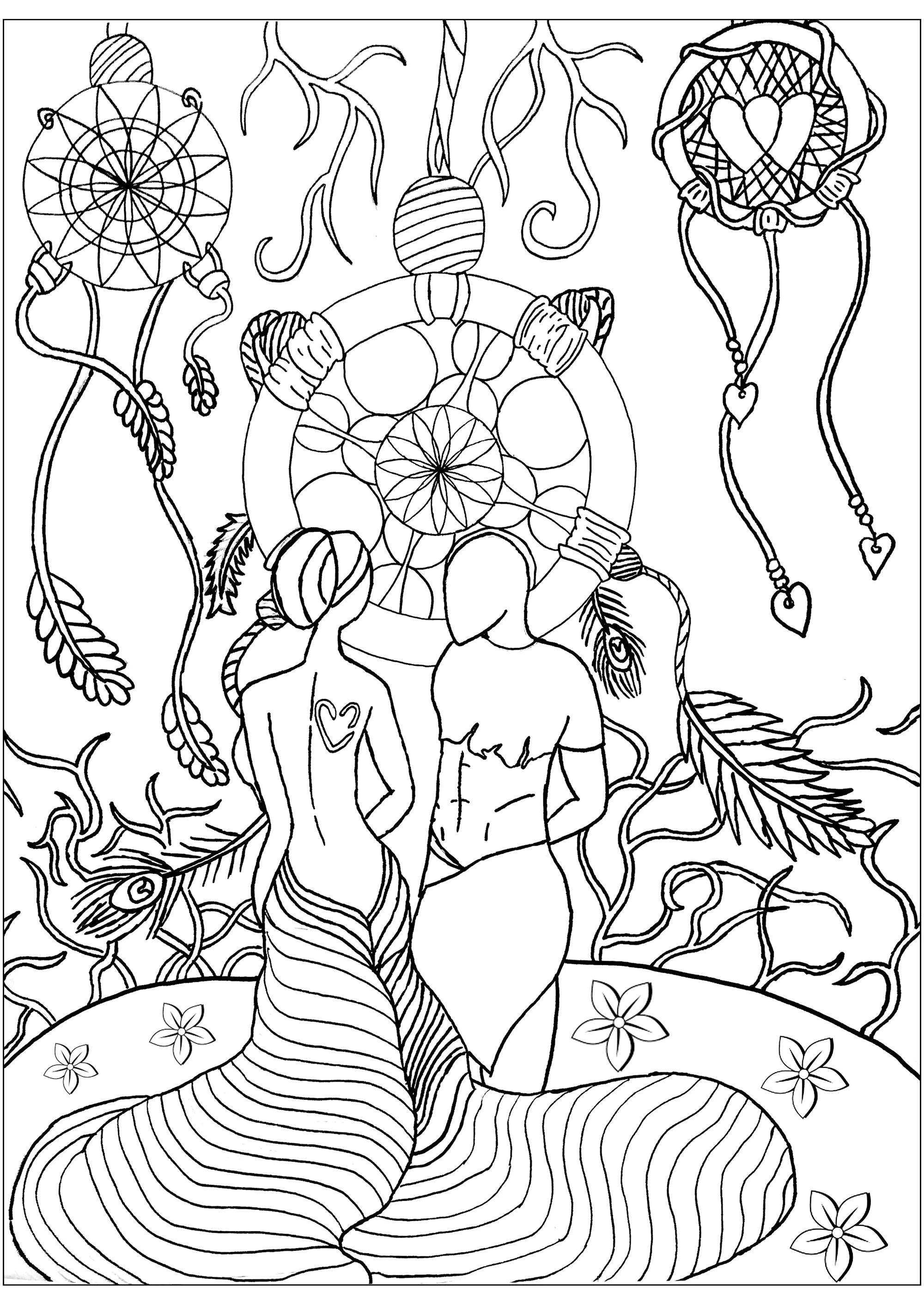 Dreamcatcher love (Coloriage d'Attrape-rêves (Dreamcatchers) à imprimer pour adultes)