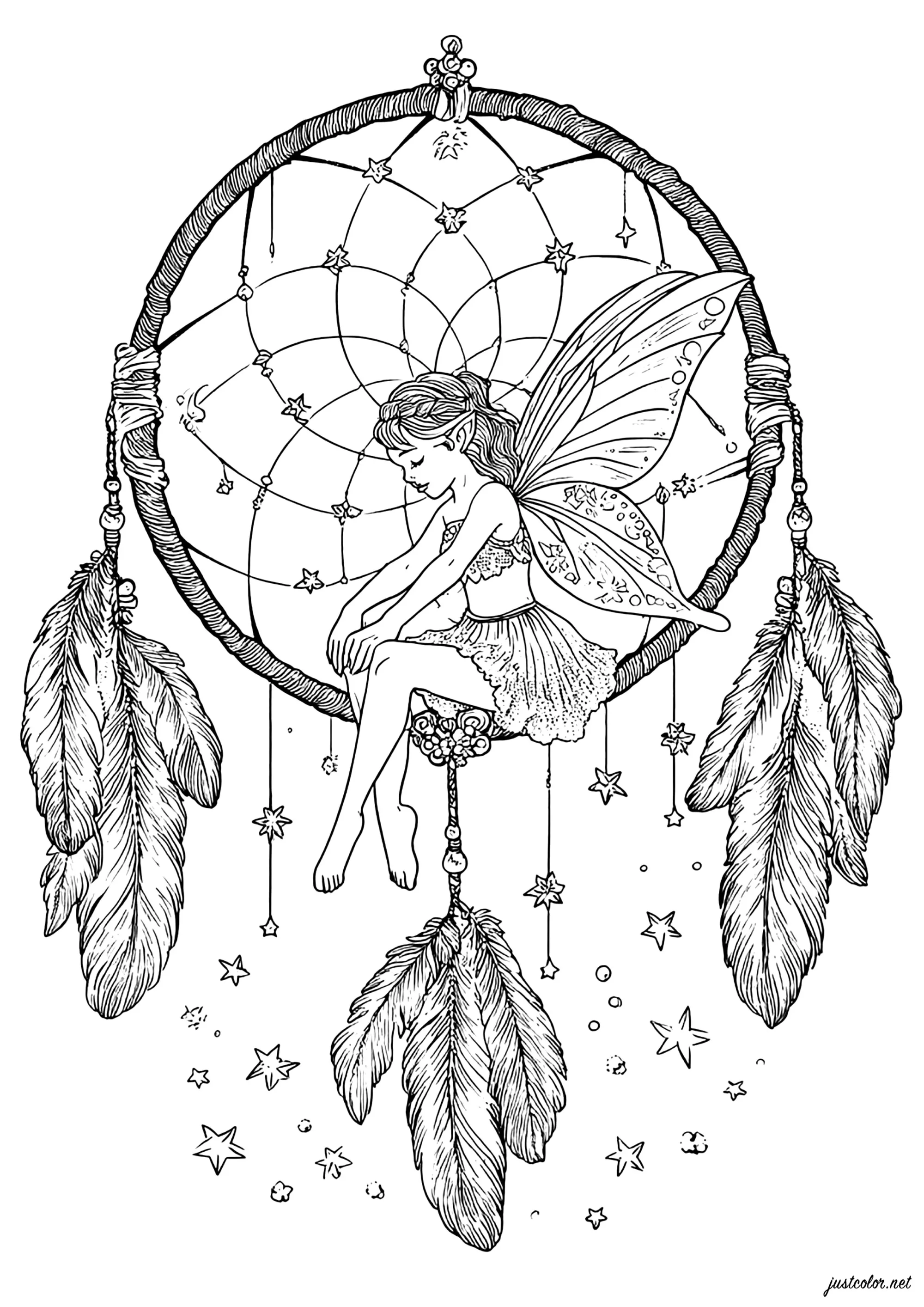 Fée songeuse sur attrape-rêves magique (Coloriage d'Attrape-rêves (Dreamcatchers) à imprimer pour adultes)